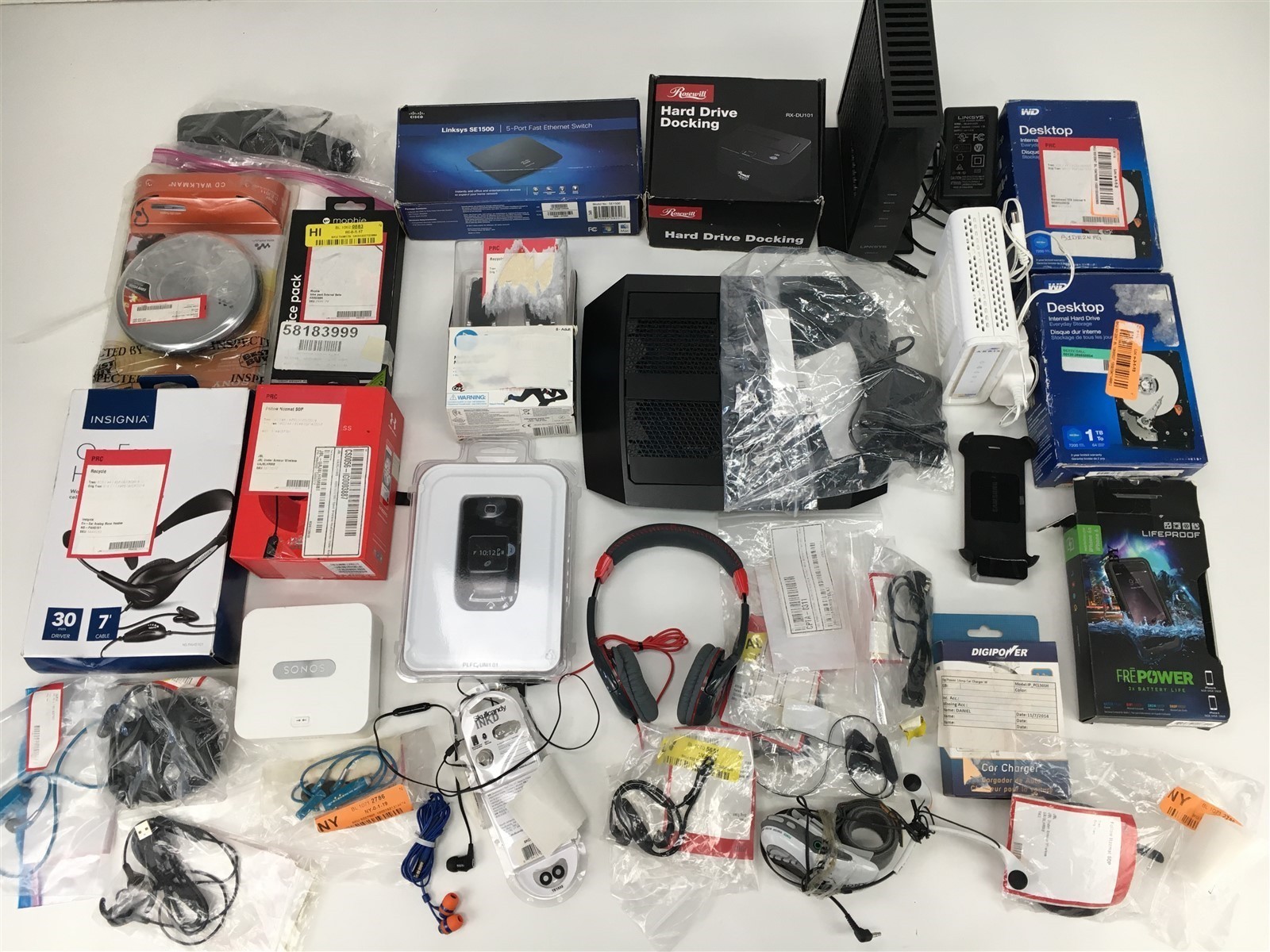 Lot of Headphones Hard Drive Wifi Modem by Linksys Rosewill WD Digipower & More