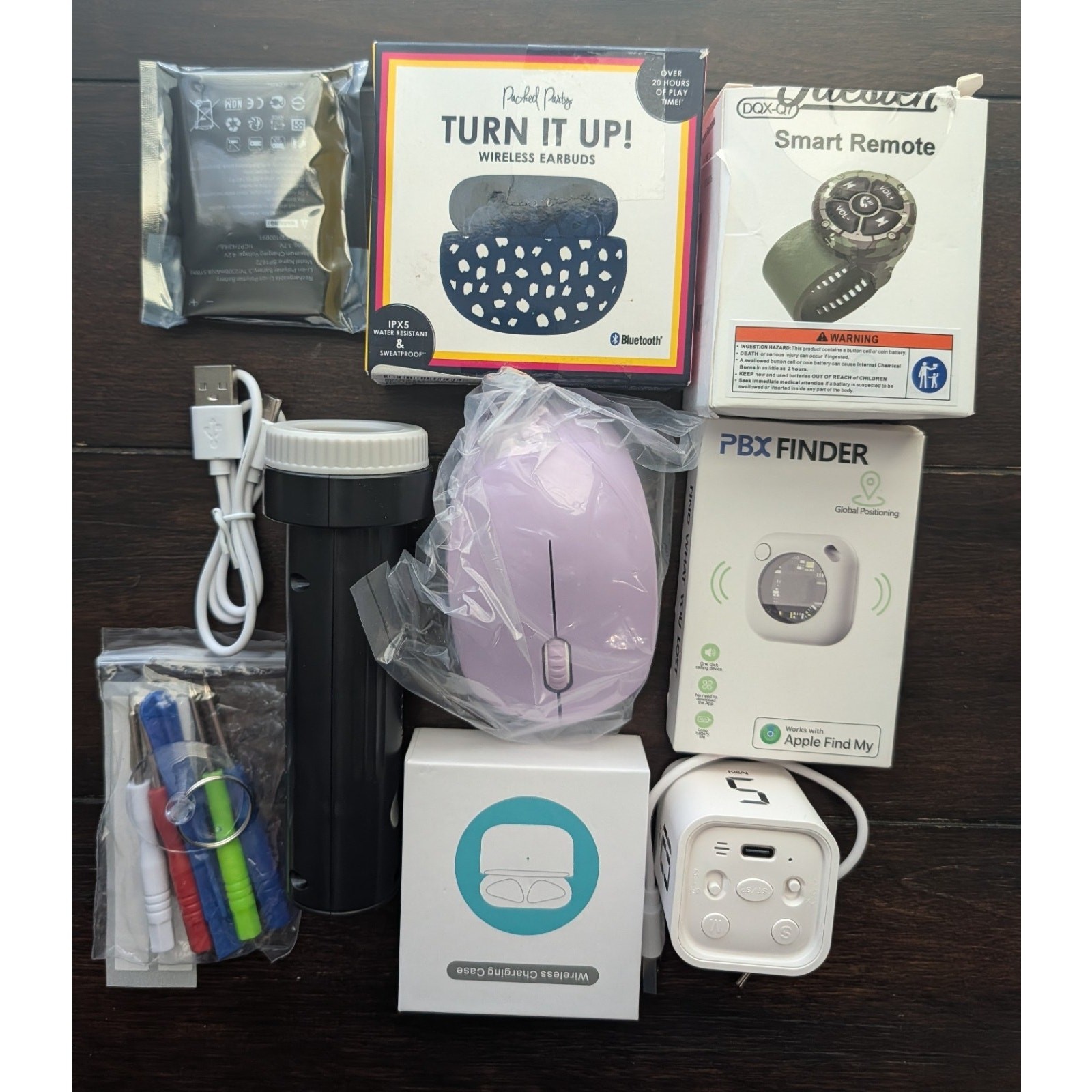 Electronics Lot – Ear Buds, Battery, Smart Remote, Rotating Timer, More – 8 Lot