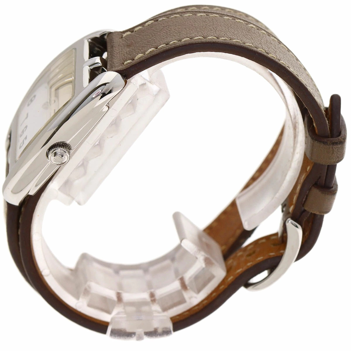 HERMES Cape Cod Watch Double Tour SS Leather Etoupe Quartz Square Woman w/Papers