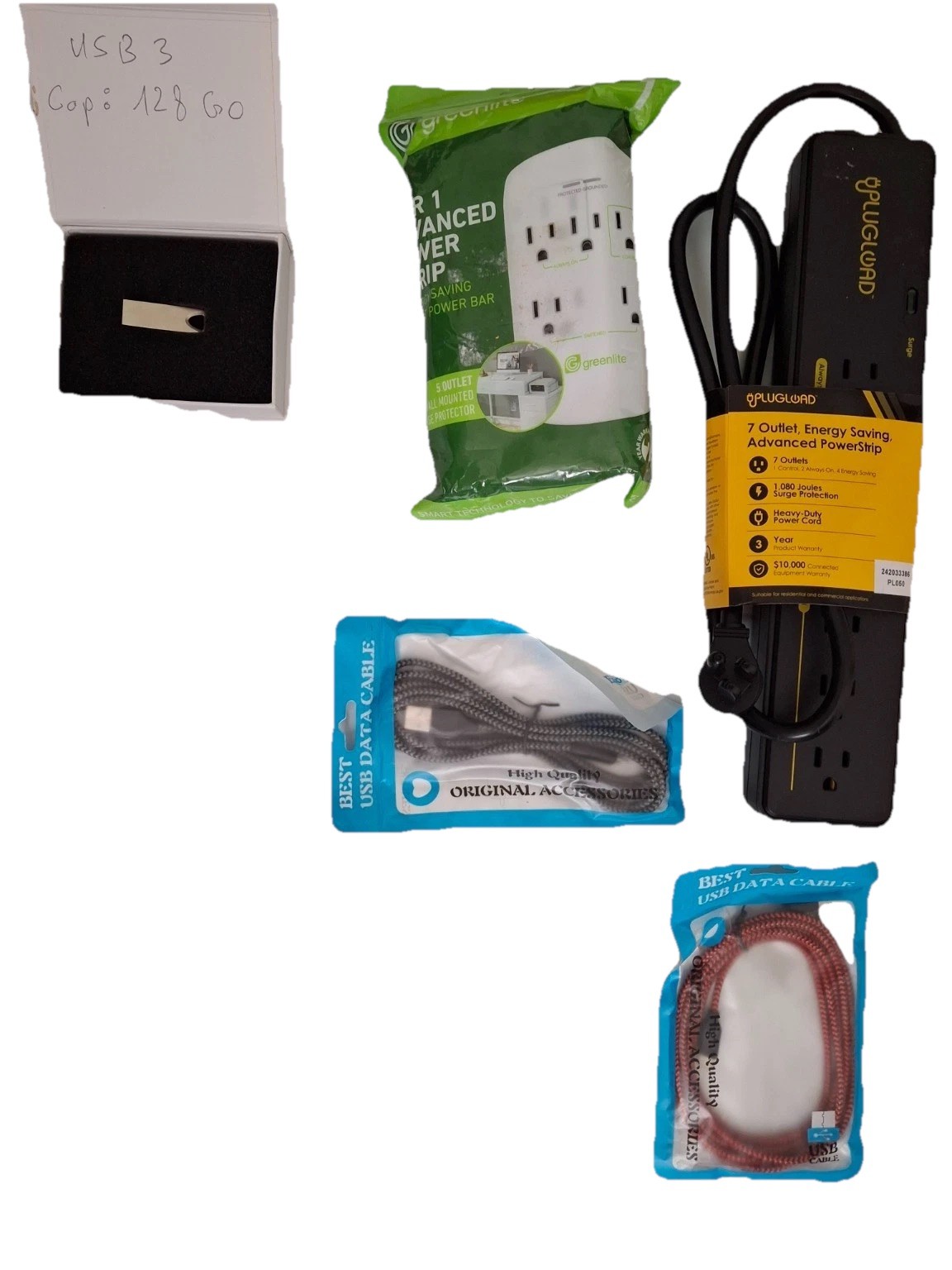 Lot OF : gloves 2 Power Strips+ protector, USB 3.0 128GB Flash Drive, Cables,