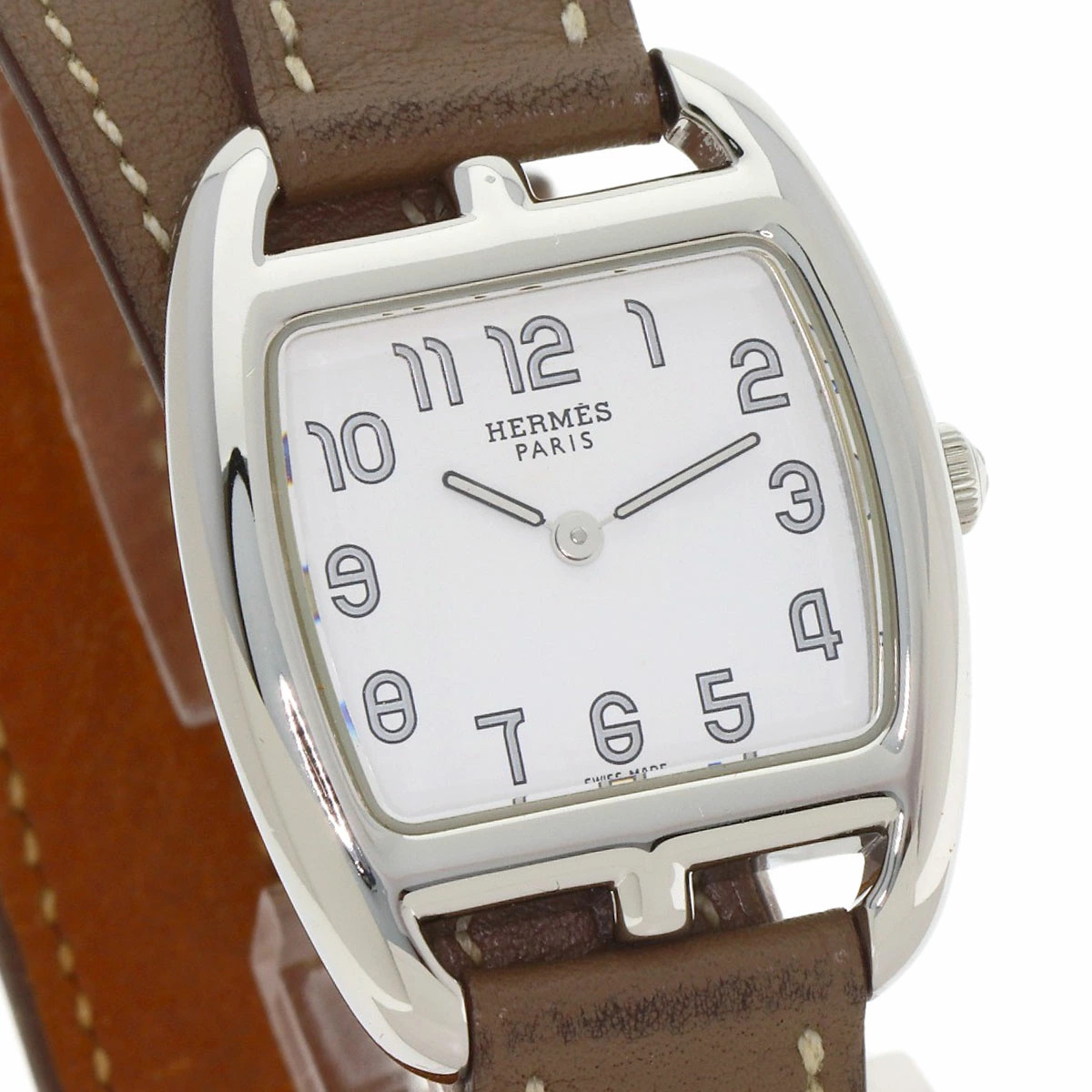 HERMES Cape Cod Watch Double Tour SS Leather Etoupe Quartz Square Woman w/Papers