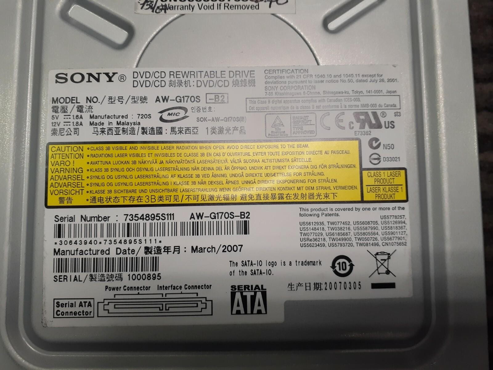 (2) Sony AW-G170S-BS SATA DVD CD REWRITABLE Drive