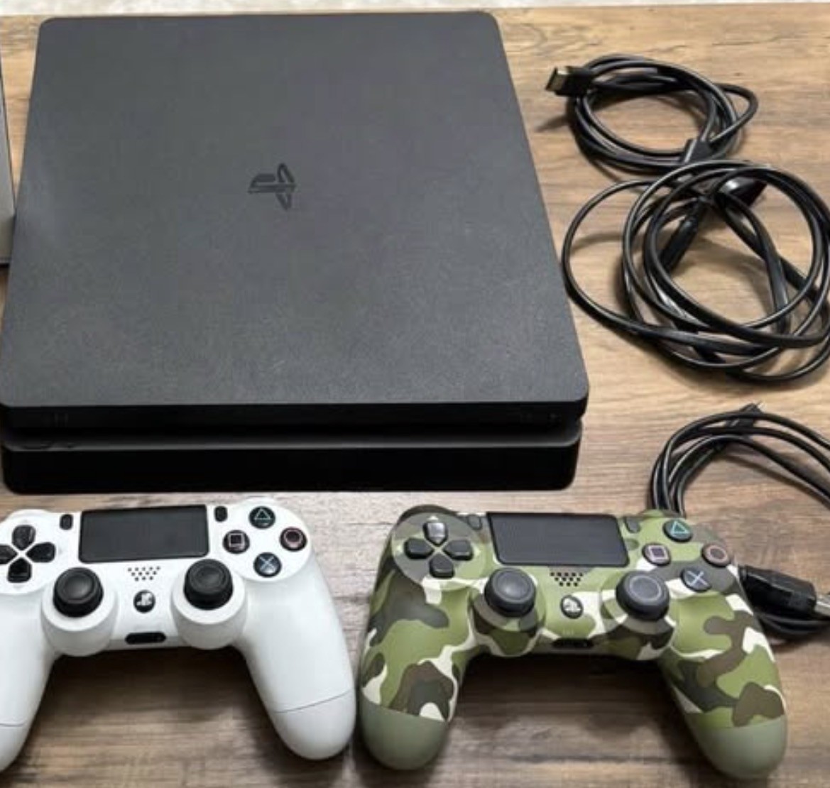 PS4 Slim Console 1TB + 2 Controllers (White & Camo) + Cables – Tested Working