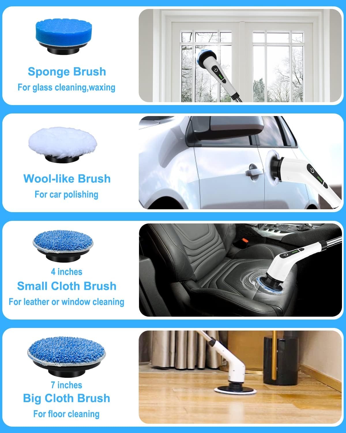 Leebein Electric Spin Scrubber, Cordless, 8 Heads, Dual Speed, Extendable