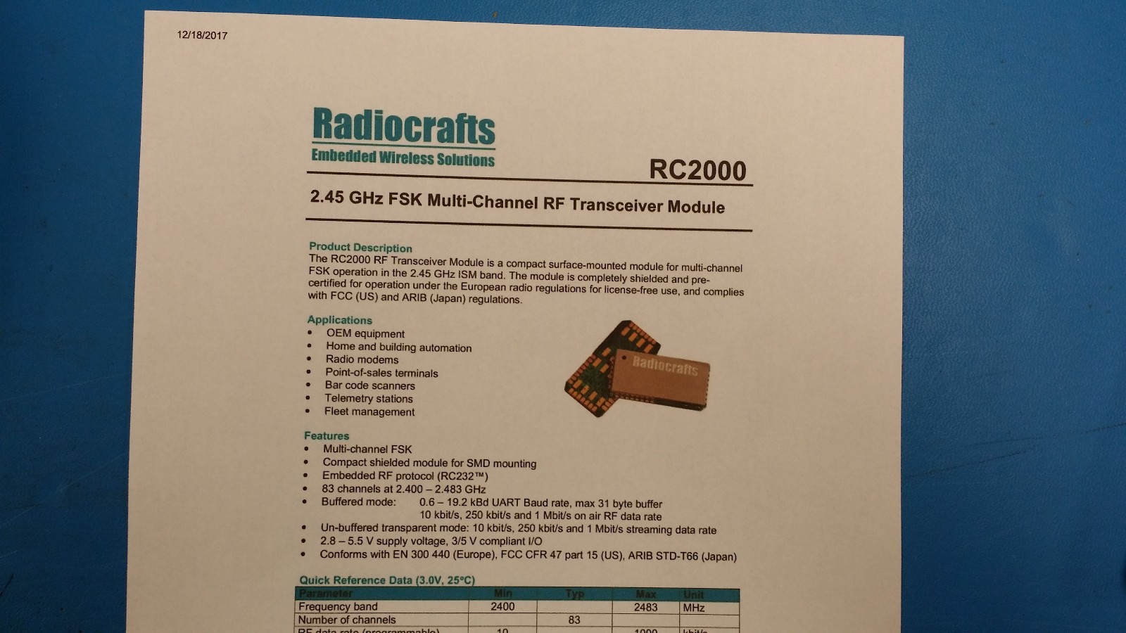(1 PC) RC2000 RADIOCRAFTS FSK transceiver module / ISM band / VHF / radio