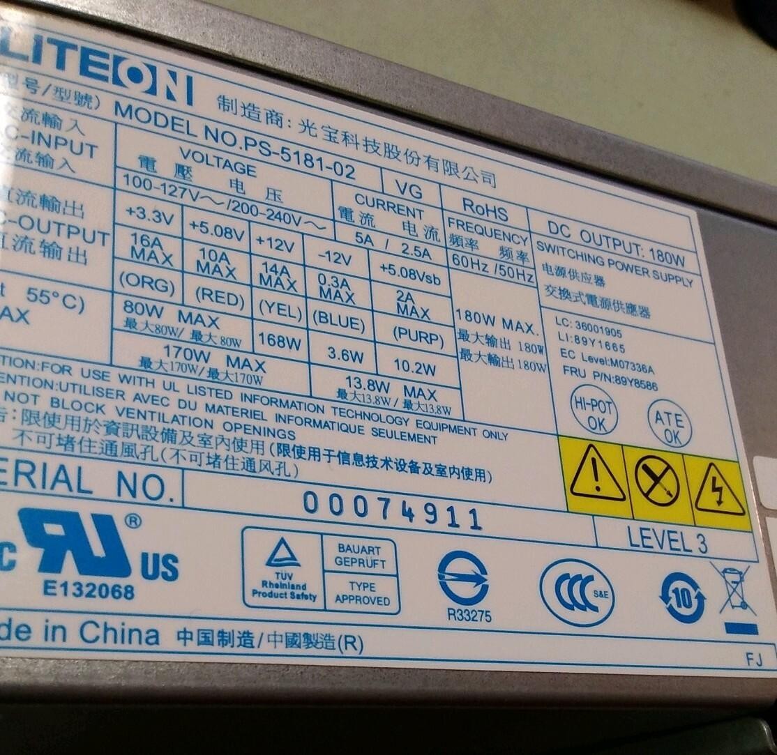 Liteon PS-5181-02 180W 89Y8586 Desktop Power Supply REV A00