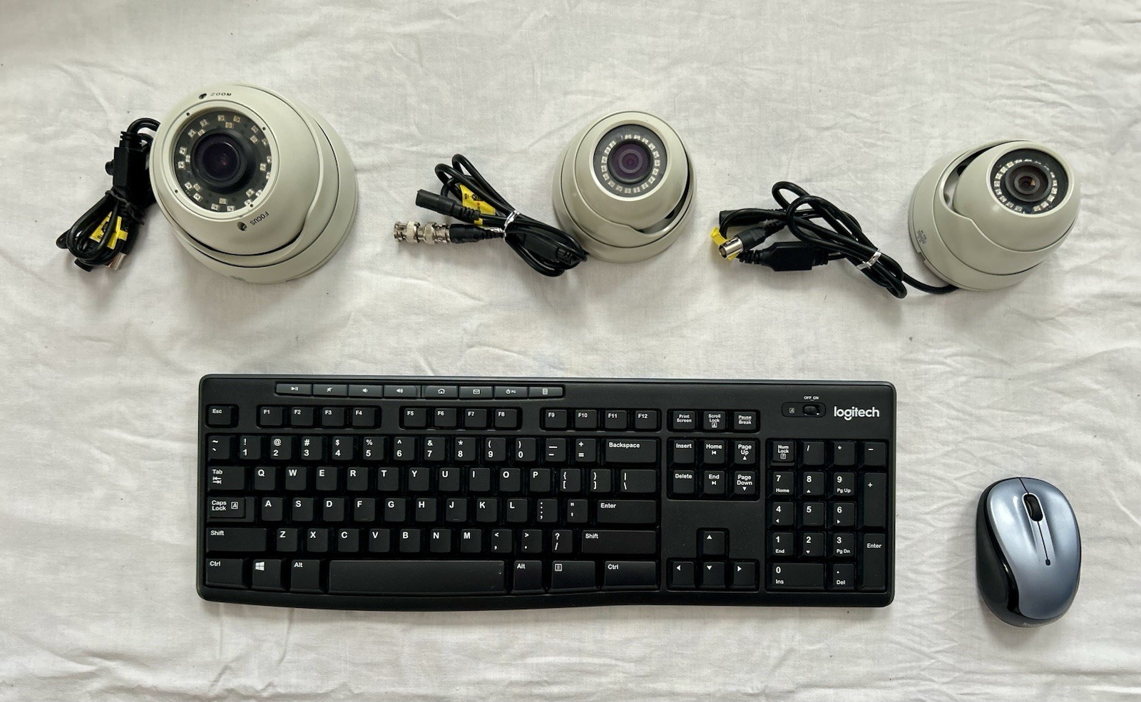 Lot Of 3 Dome Security Cameras & Logitech Keyboard & Mouse Combo – As-Is