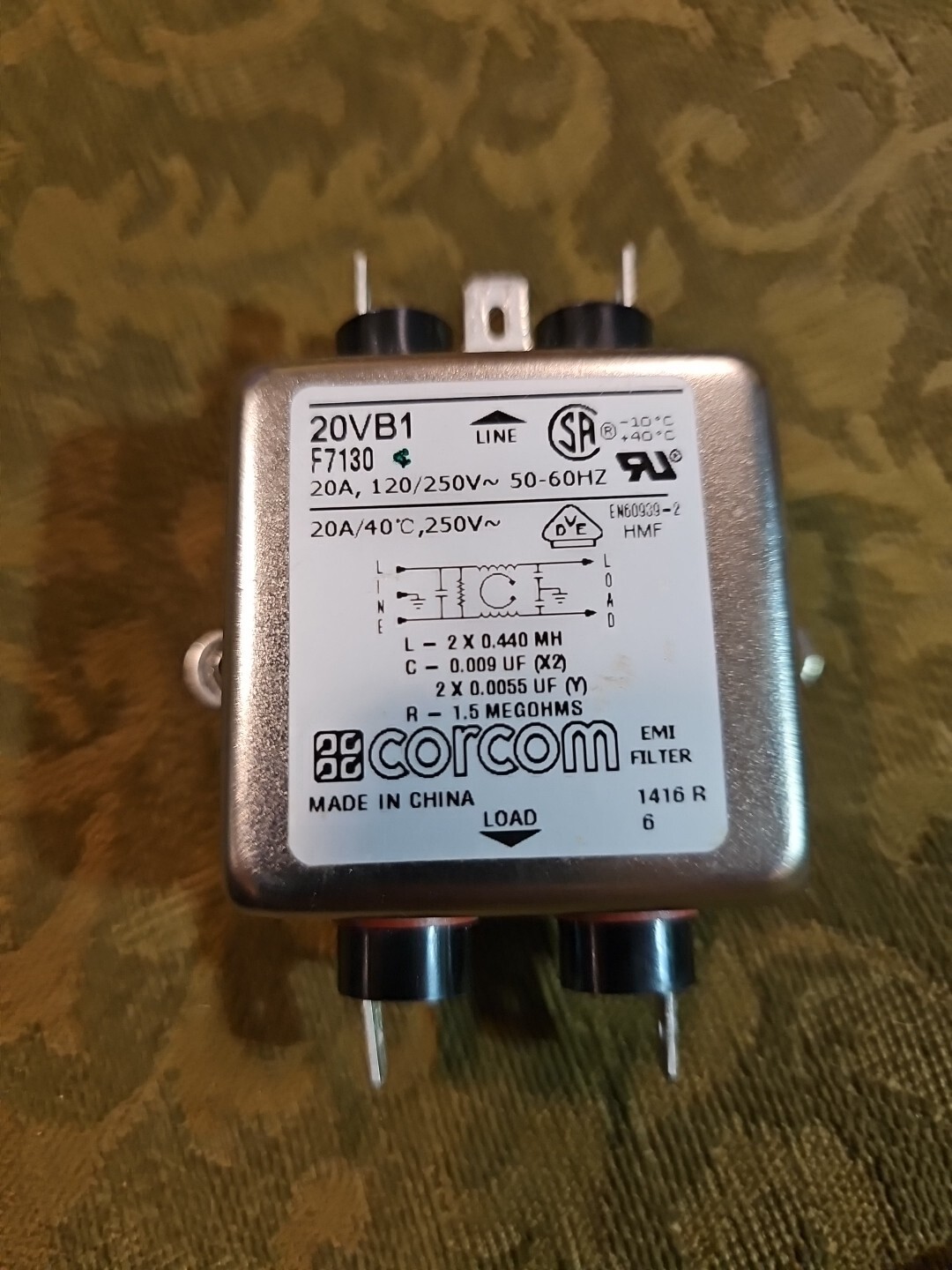 CORCOM 20VB1 EMI FILTERS F7130 20A 120/250V 50-60HZ 1416 R