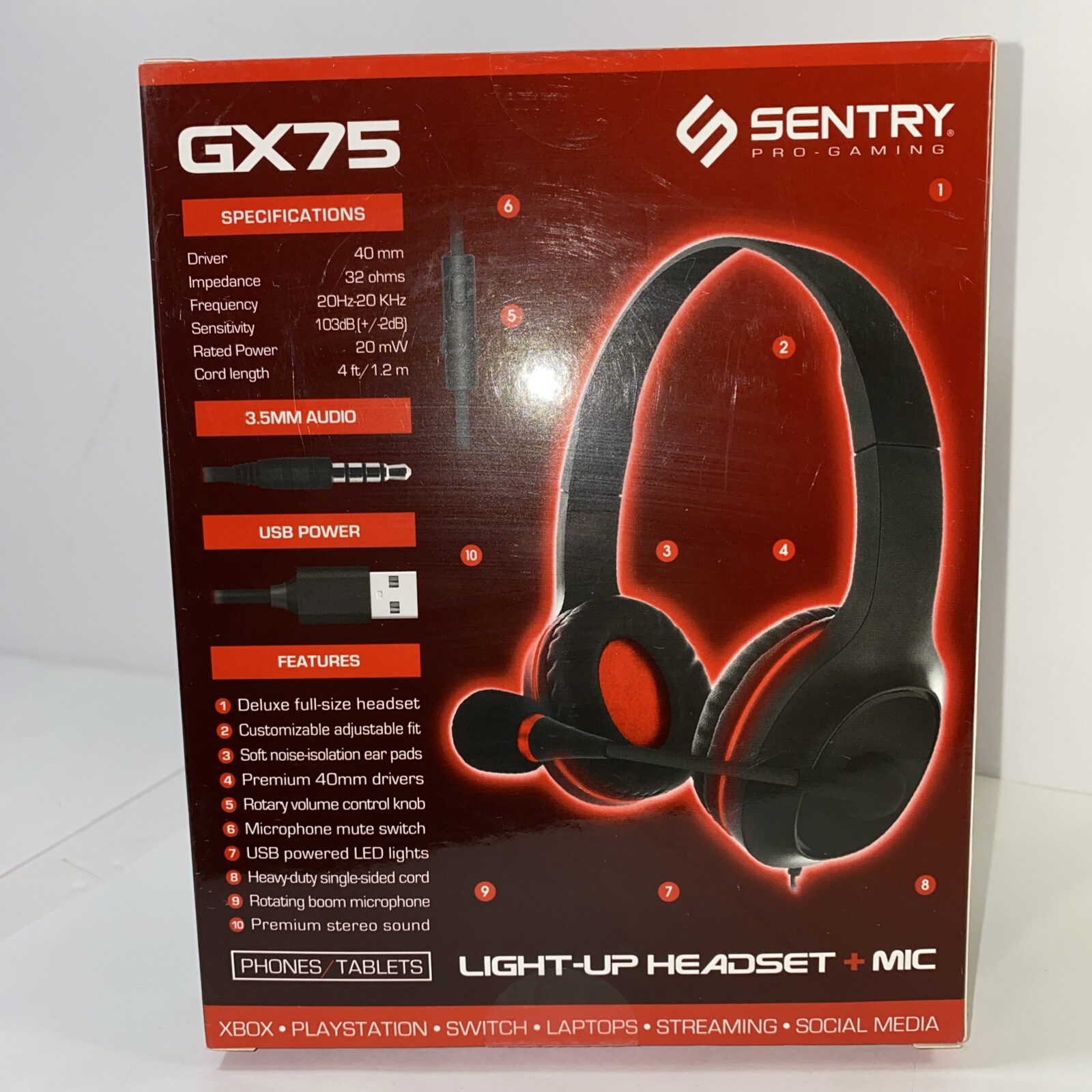Sentry Pro Gaming Head Phones GX75 LED Light Up Set and mic Red New In Box