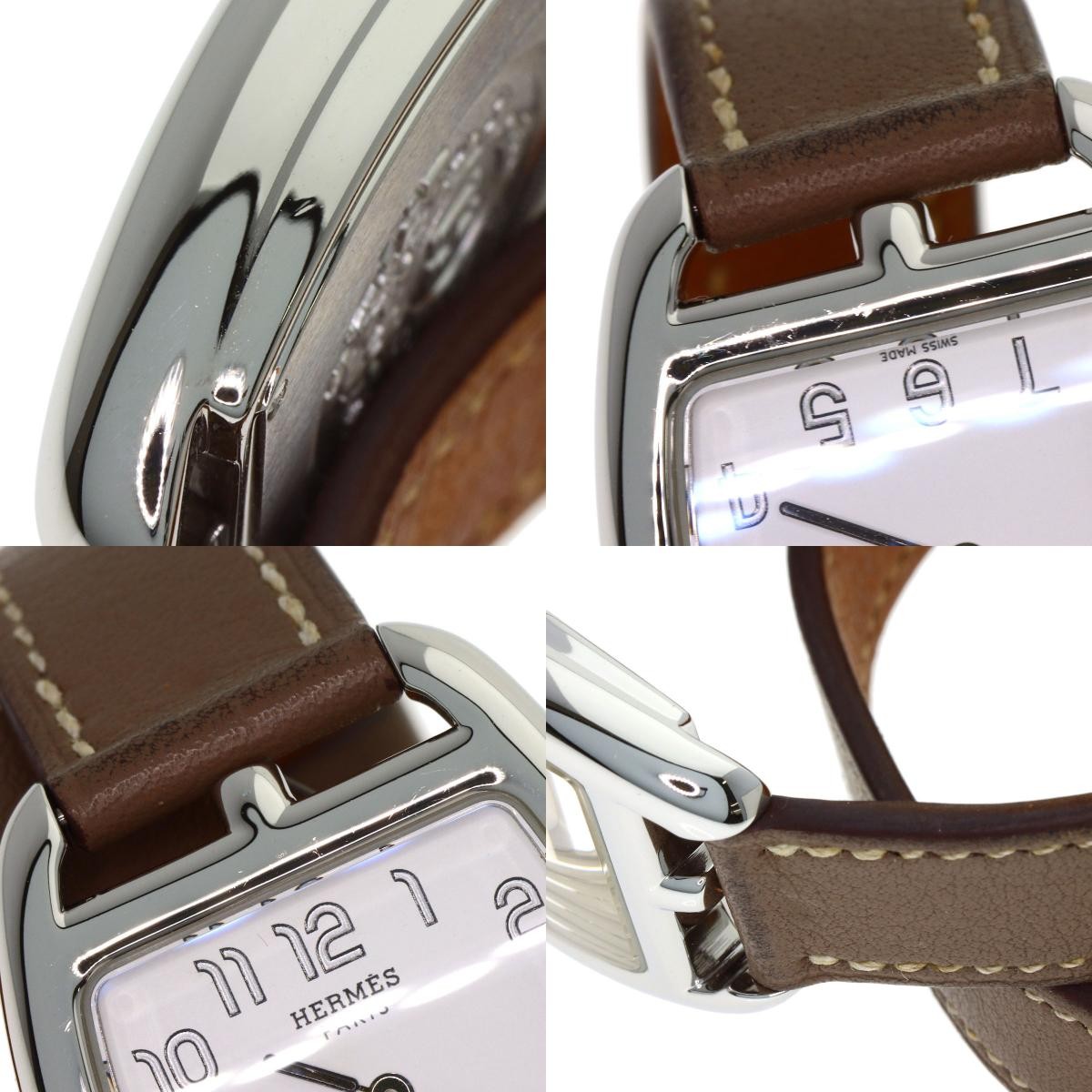 HERMES Cape Cod Watch Double Tour SS Leather Etoupe Quartz Square Woman w/Papers