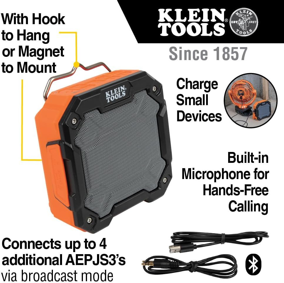 AEPJS3 Bluetooth Jobsite Speaker with Magnet and Hook, 20-Hr Run Time, Charge vi