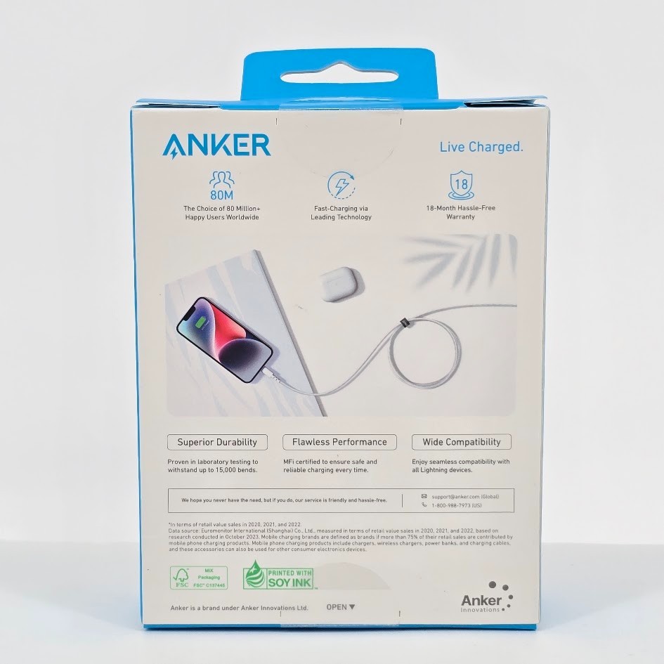 Anker 10′ Braided Lightnin to USB-A Charging 3x Faster Cable – White