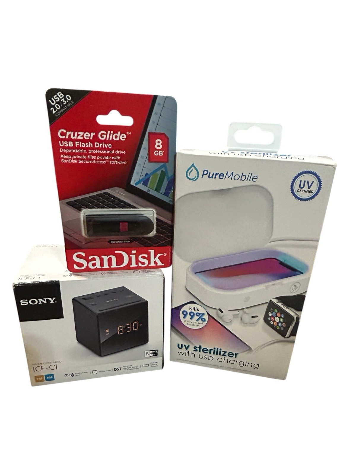 Sony ICF-C1 Alarm Clock Radio + UV Phone Sanitizer + 8GB USB Bundle