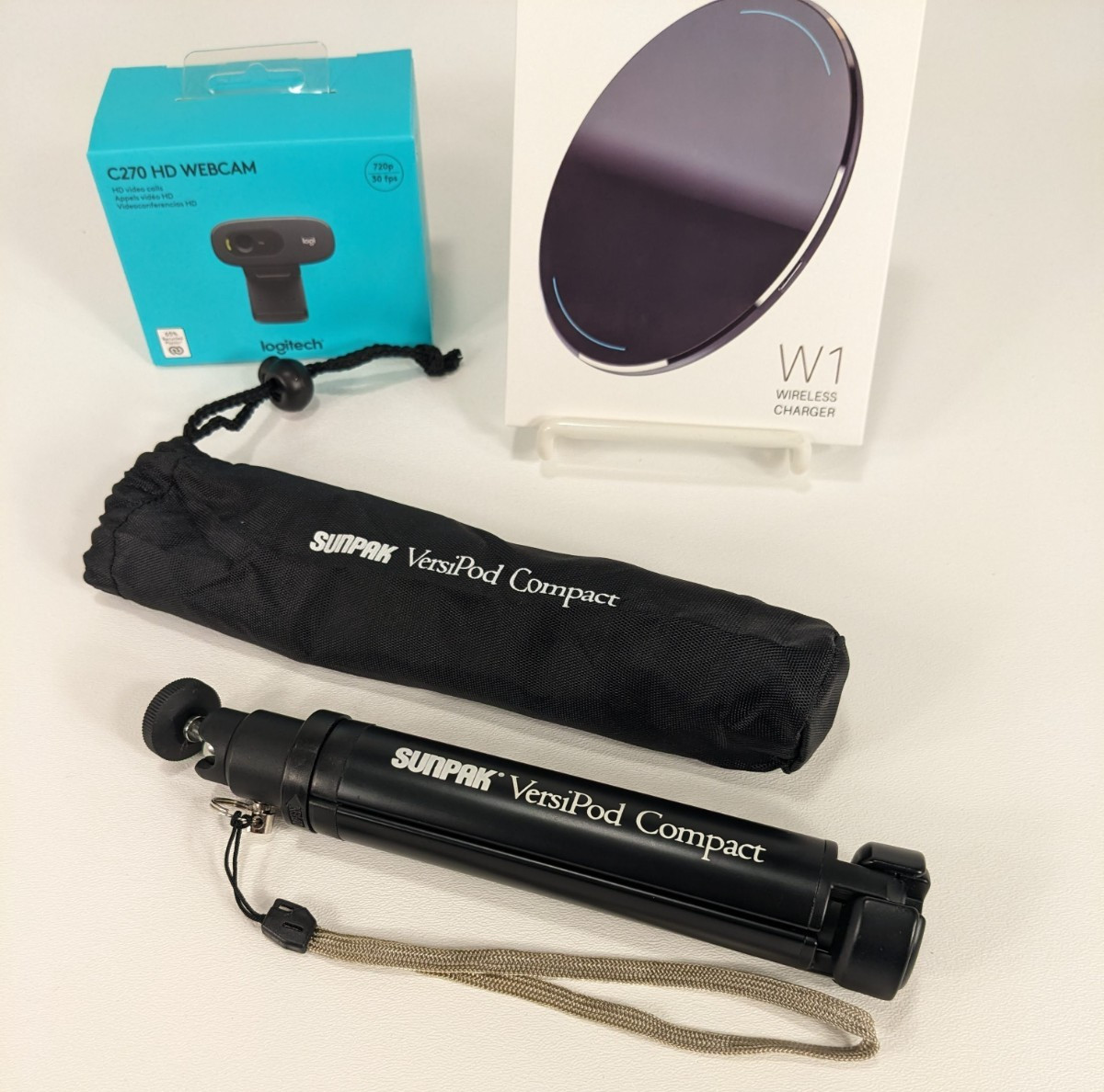 Lot of 3 Electronics Accessories Wireless Charger Monopod Tripod Webcam