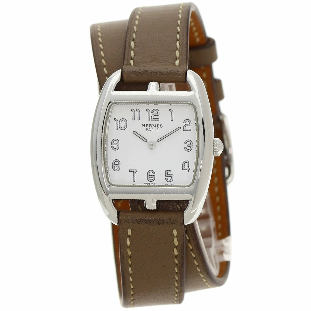 HERMES Cape Cod Watch Double Tour SS Leather Etoupe Quartz Square Woman w/Papers