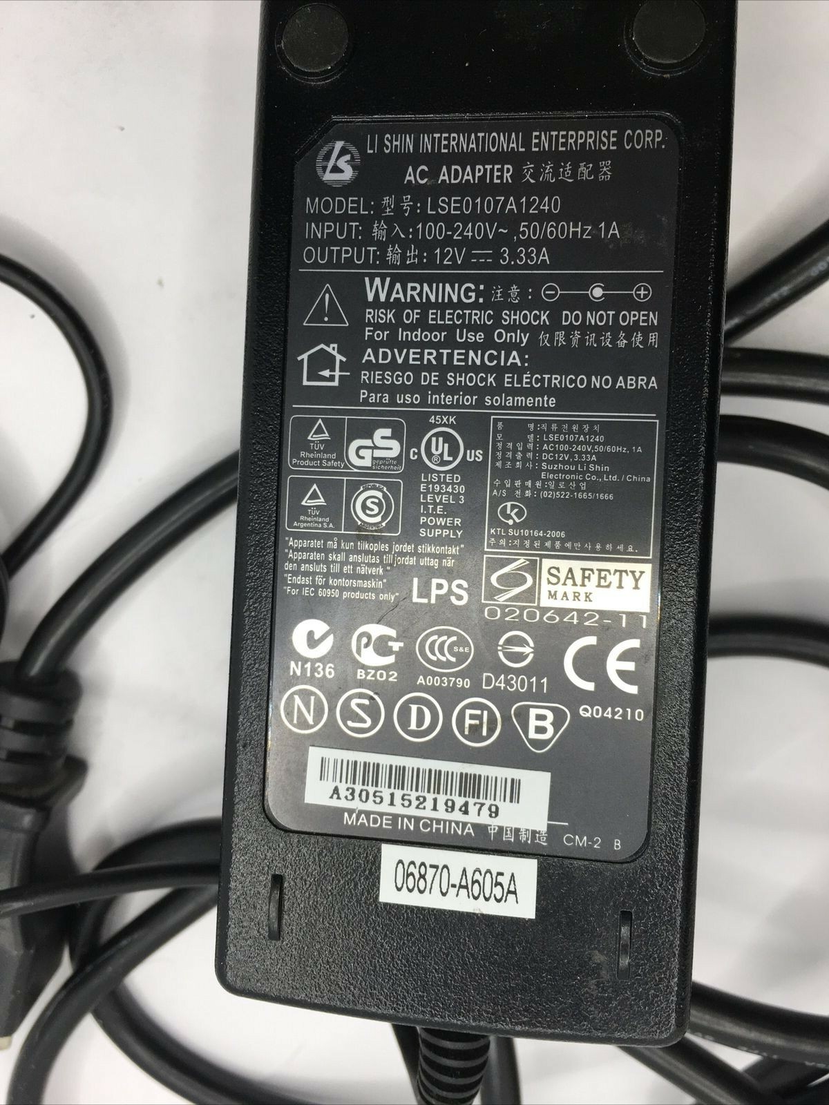 Genuine Li Shin LSE0107A1240 Home Office Wall Power Charger Adapter in 12V 3.33A