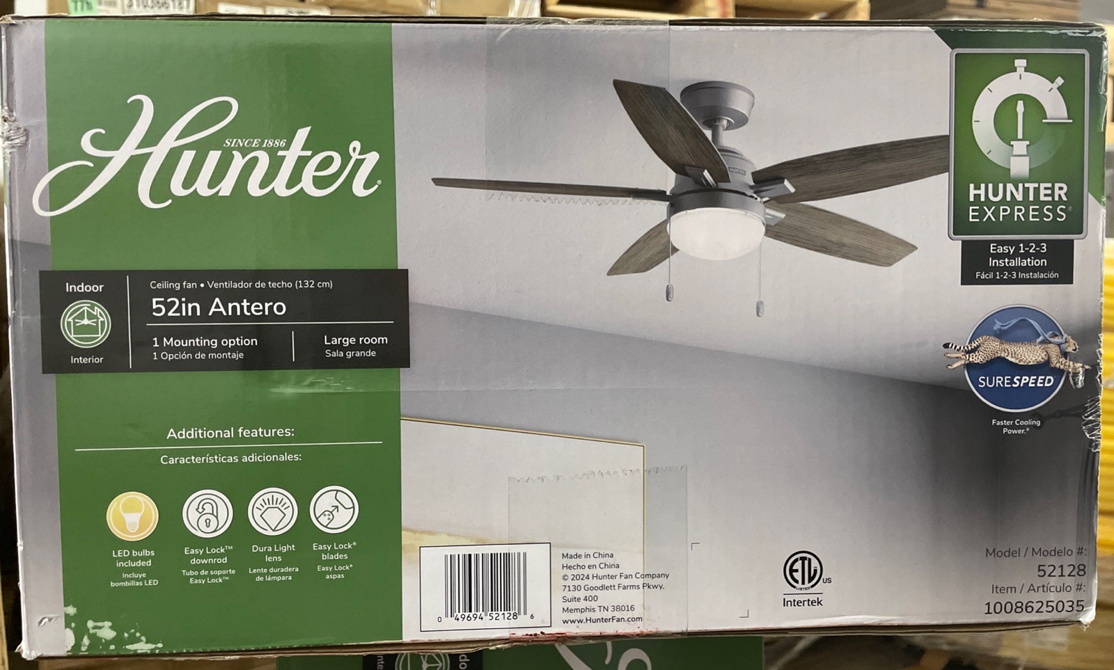 Hunter Antero 52 INCH . Indoor Matte Silver Ceiling Fan with Light Kit NEW