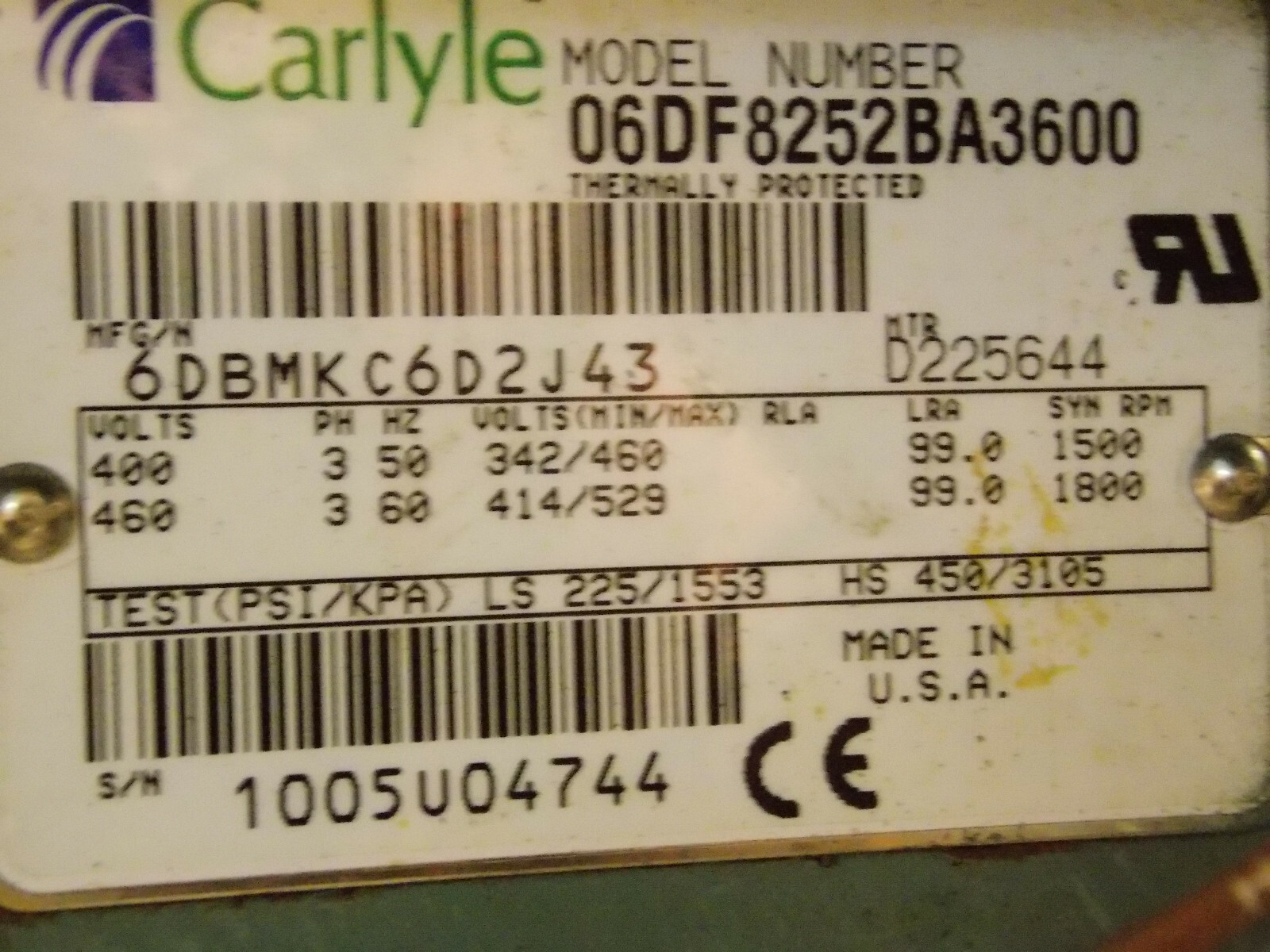 Carlyle compressor 06DF8252BA3600 Commercial Refigeration 15 Ton air condition