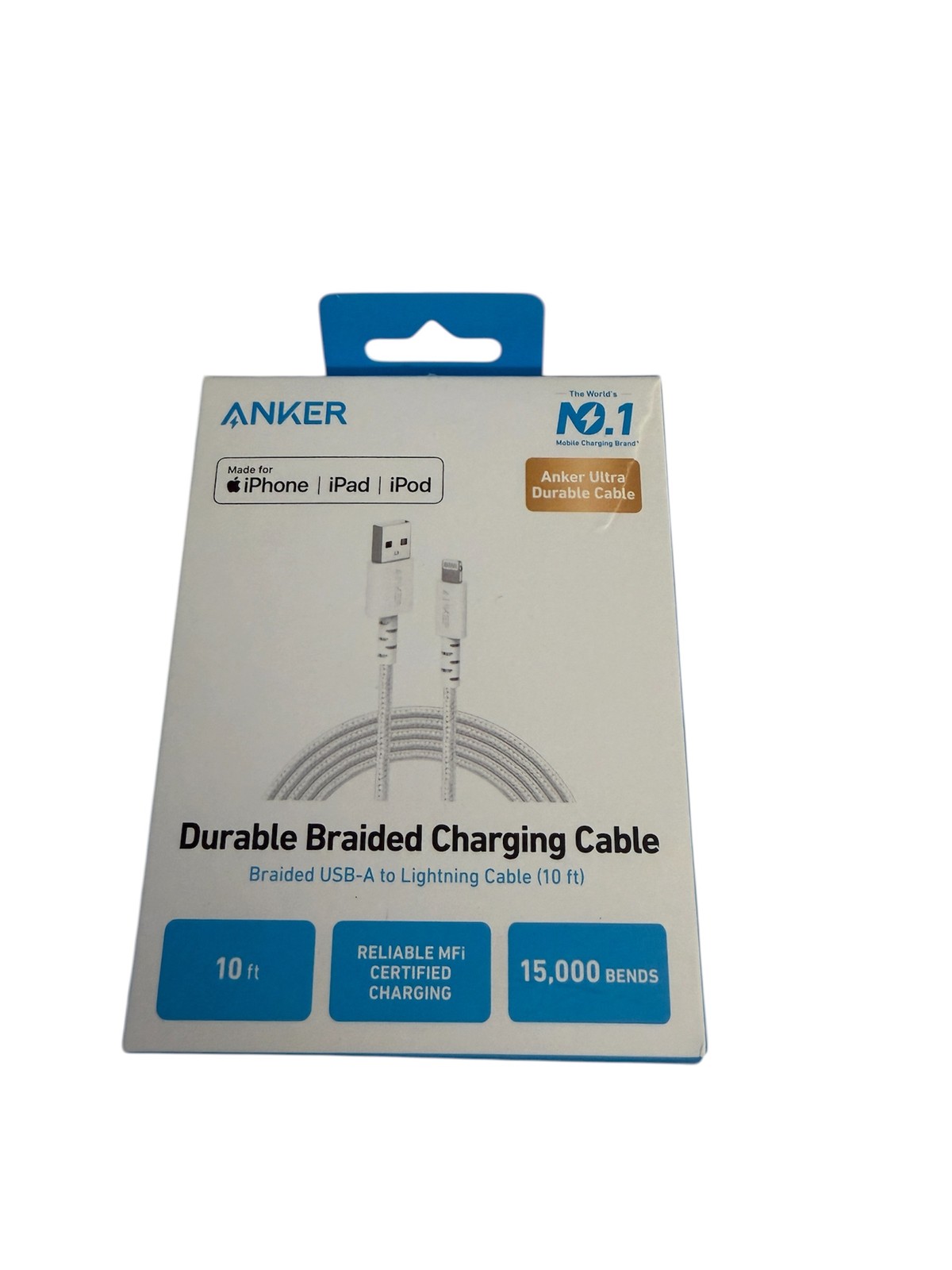 Anker 10′ Braided Lightning to USB-A Charging Cable – White