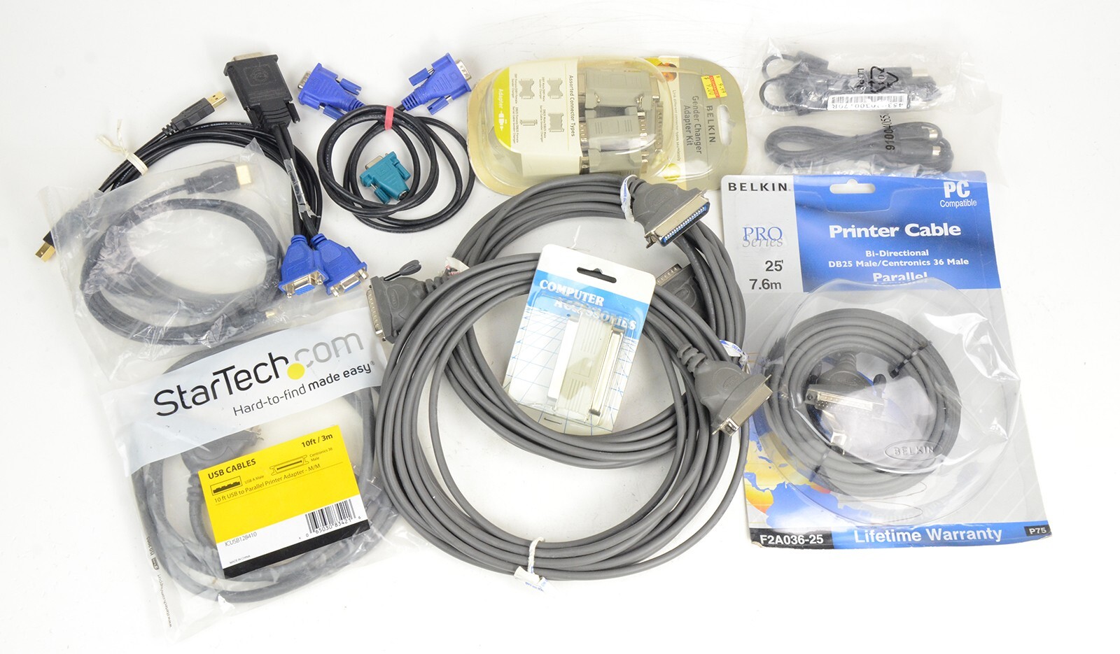 JUNK DRAWER LOT F – PRINTER CABLES & ADAPTERS, PARALLEL, USB, SERIAL – VINTAGE