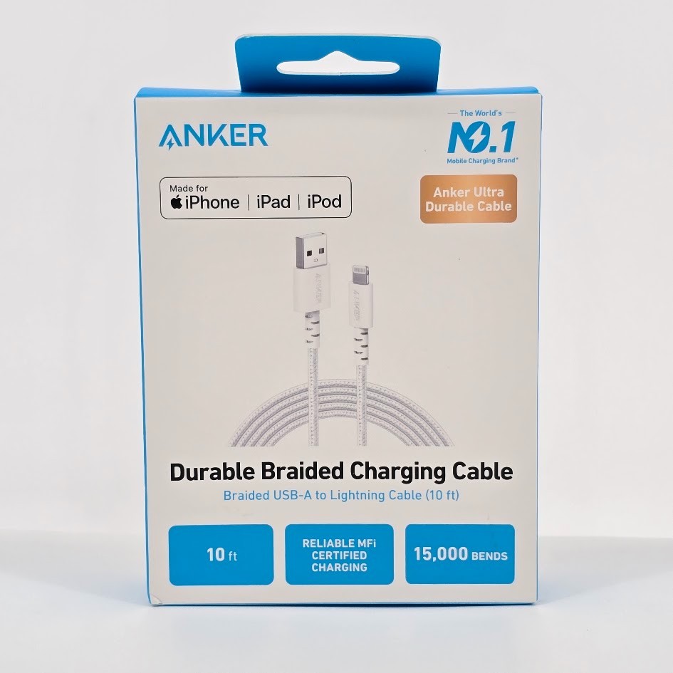 Anker 10′ Braided Lightnin to USB-A Charging 3x Faster Cable – White