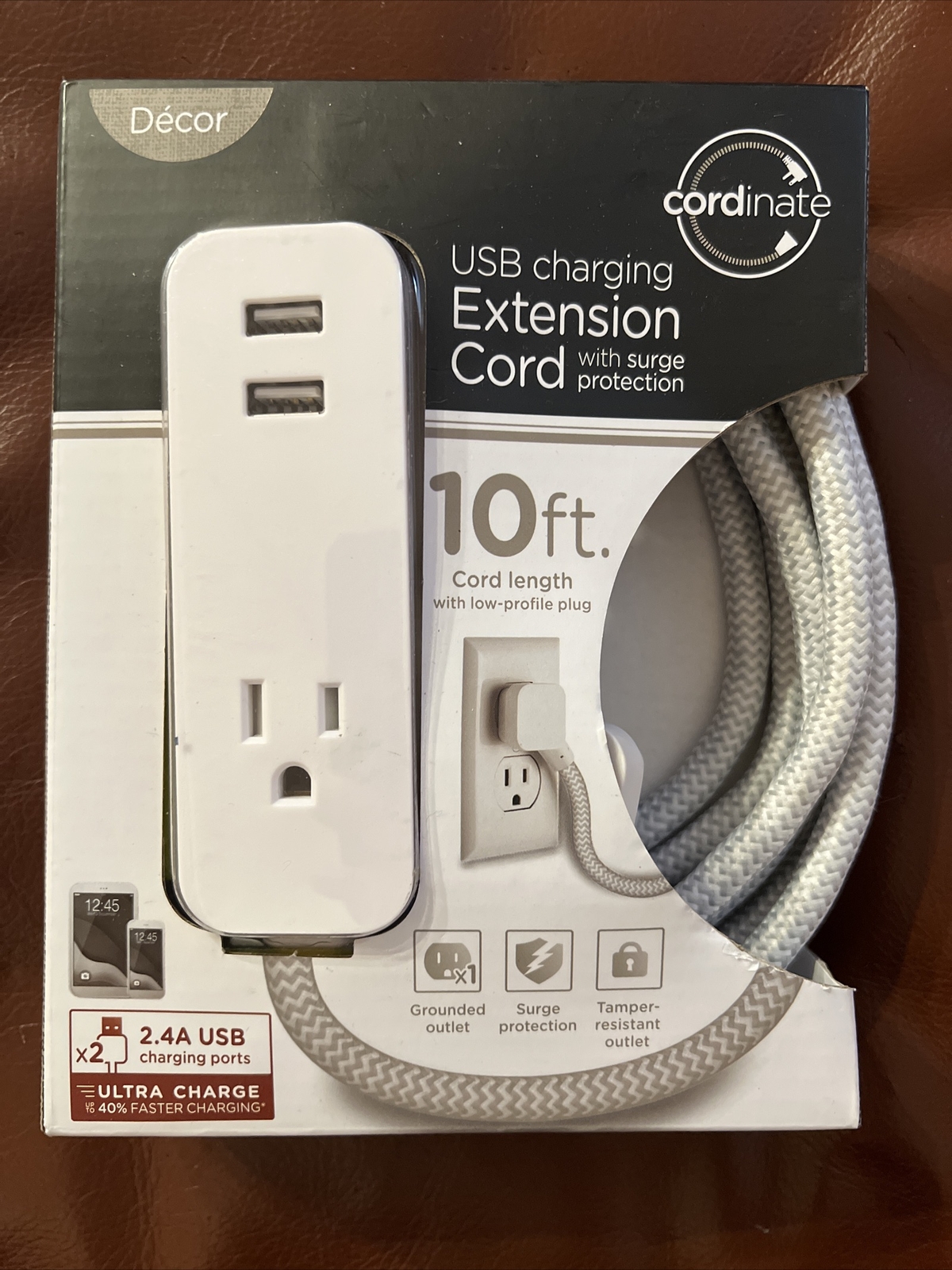 Coordinate USB Charging Extension Cord 10 Foot 2.4A Charging Ports NEW