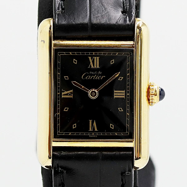 Cartier Must Tank 5057001 SV925 Quartz Black Dial Ladies Watch Square Dial