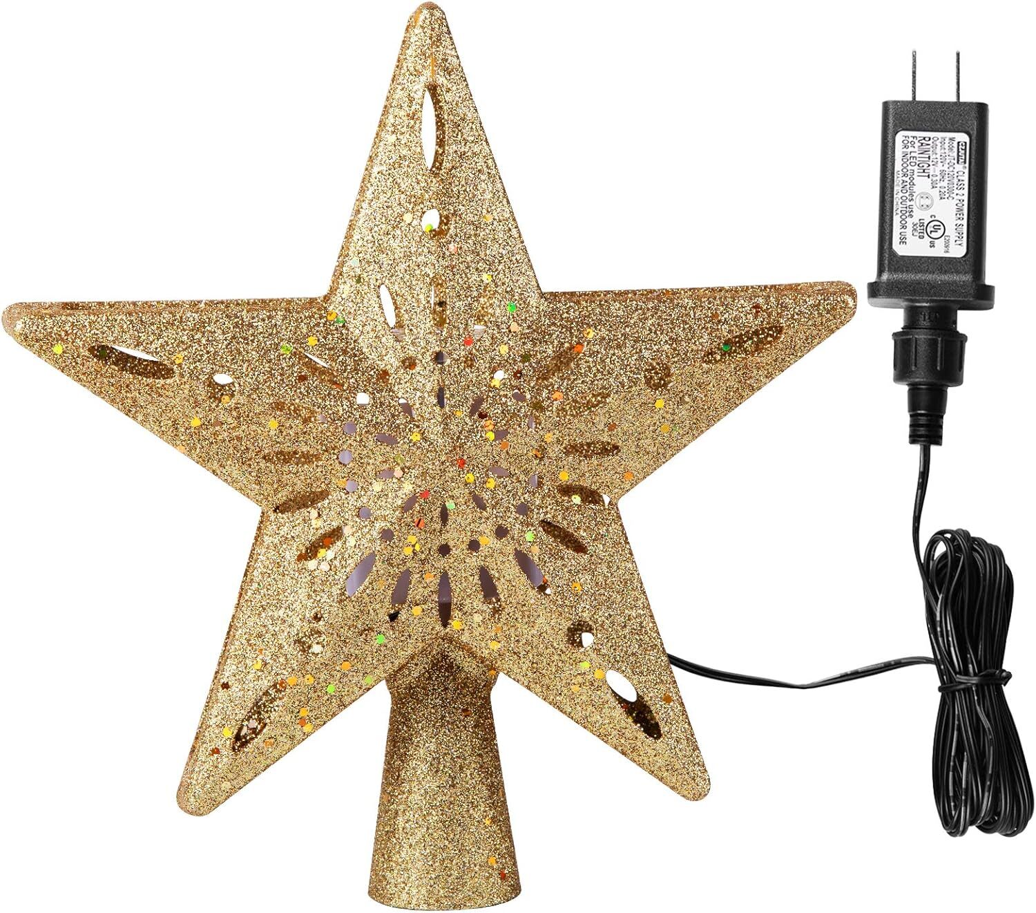 Christmas Star Tree Topper with Built-in Led Snowflake Projector Lights Hollowed