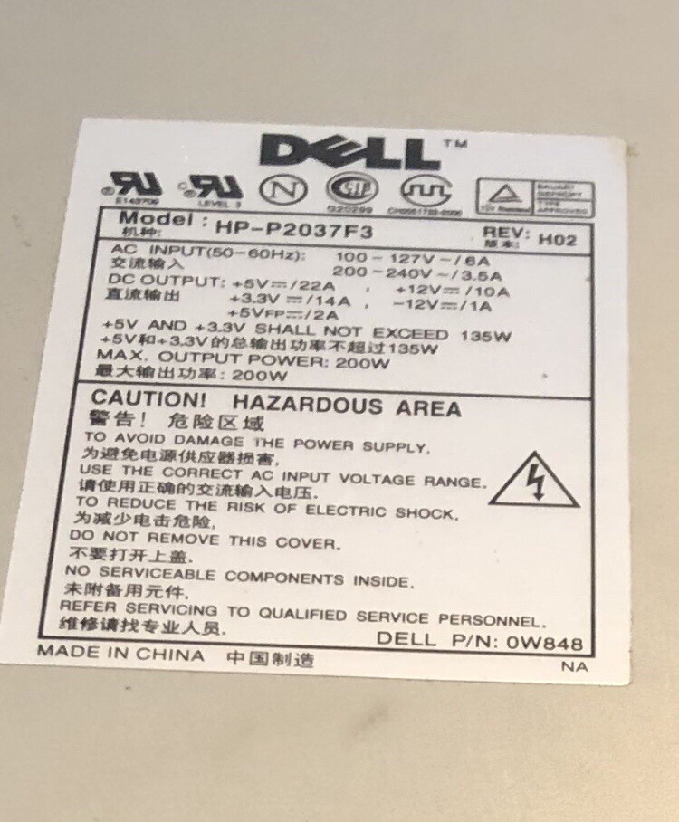 Dell 200W Power Supply HP-P2037F3 REV H02 pulled from a Compaq Presario SR1303wm