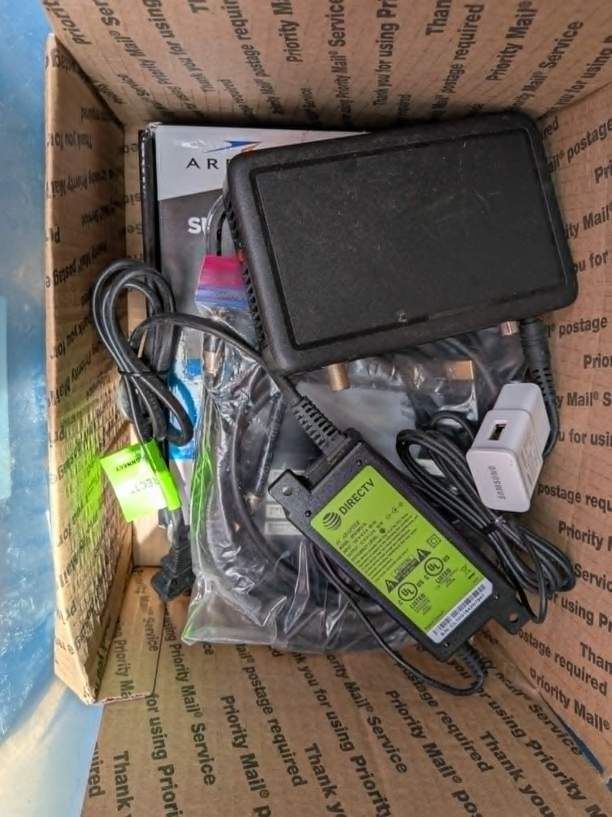 Box of electronics, random-parts only/unchecked lot of electronics. Modems/cable