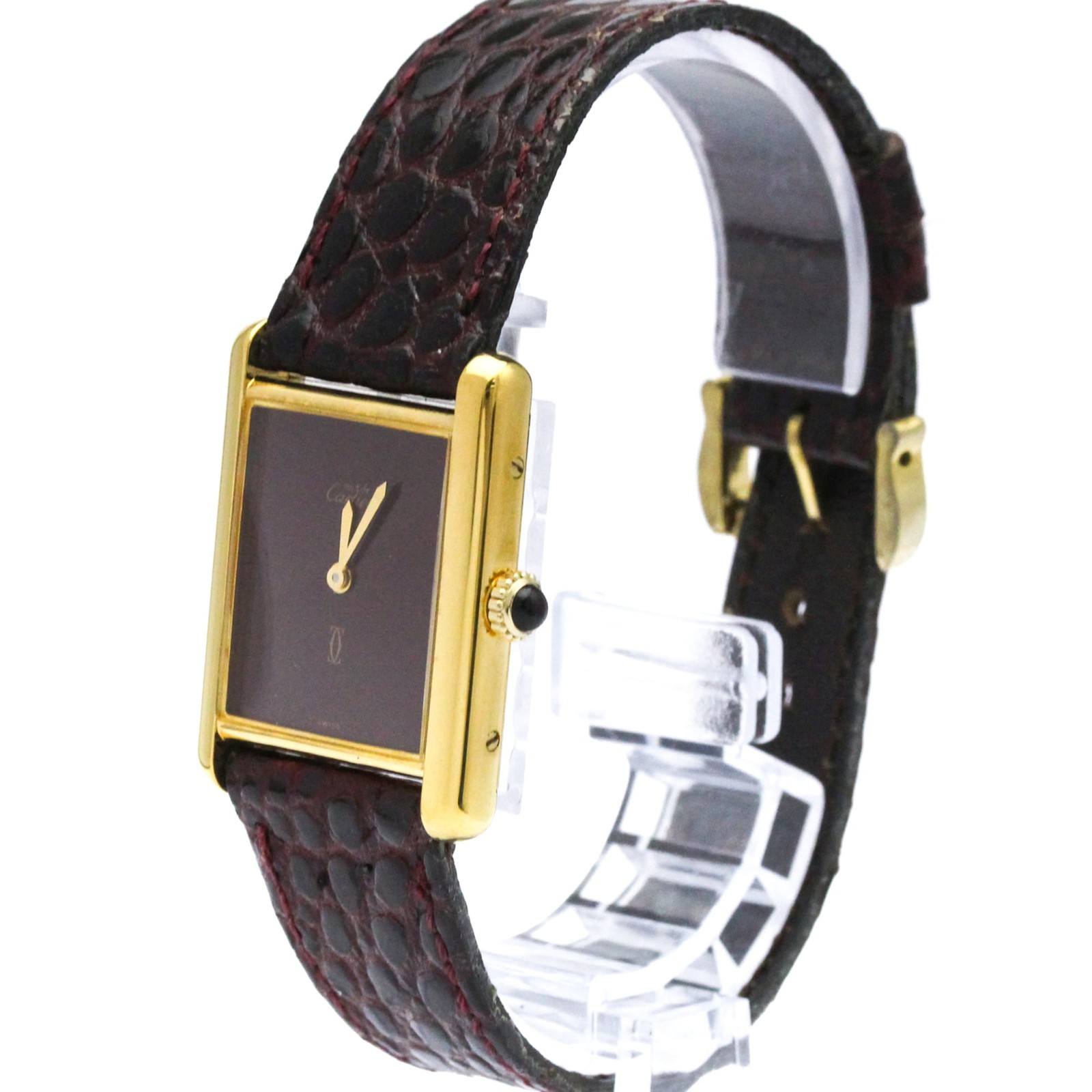 Cartier Tank Vermeil Gold Plated Leather Hand Winding Ladies Watch Square Dial