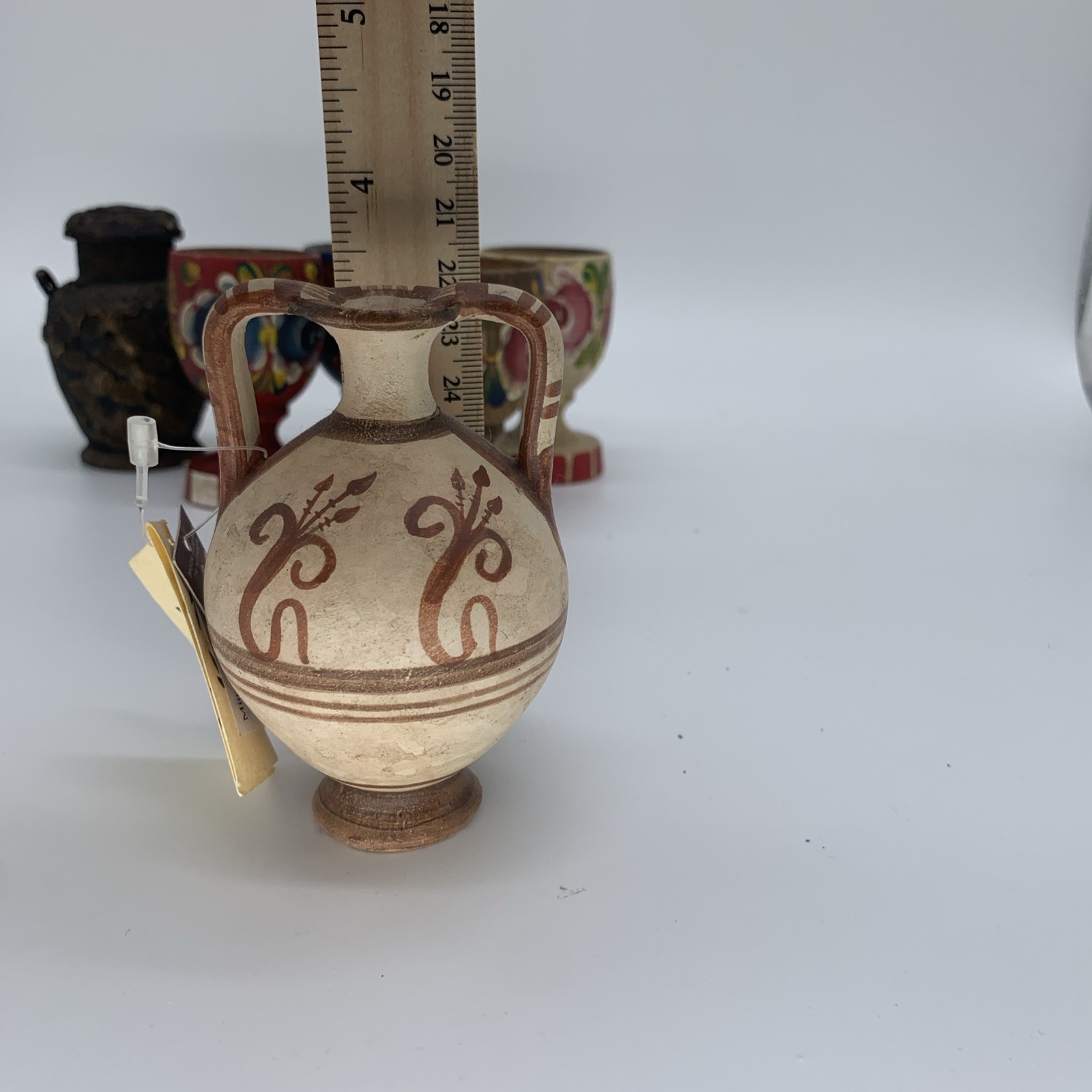 Miscellaneous Lot Collection 4 Wooden Egg Cups, Ceramic Vase, Mini Wood Vessel