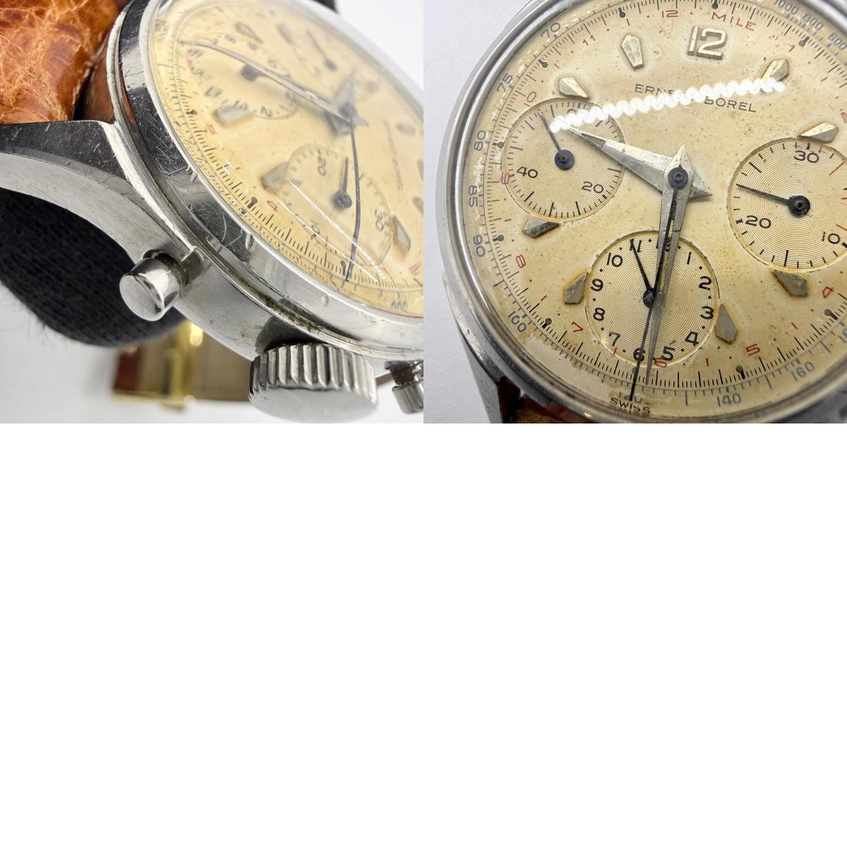 ERNEST BOREL Watch Round SS/Leather Beige Triple Chrono Hand-wound Men’s Working