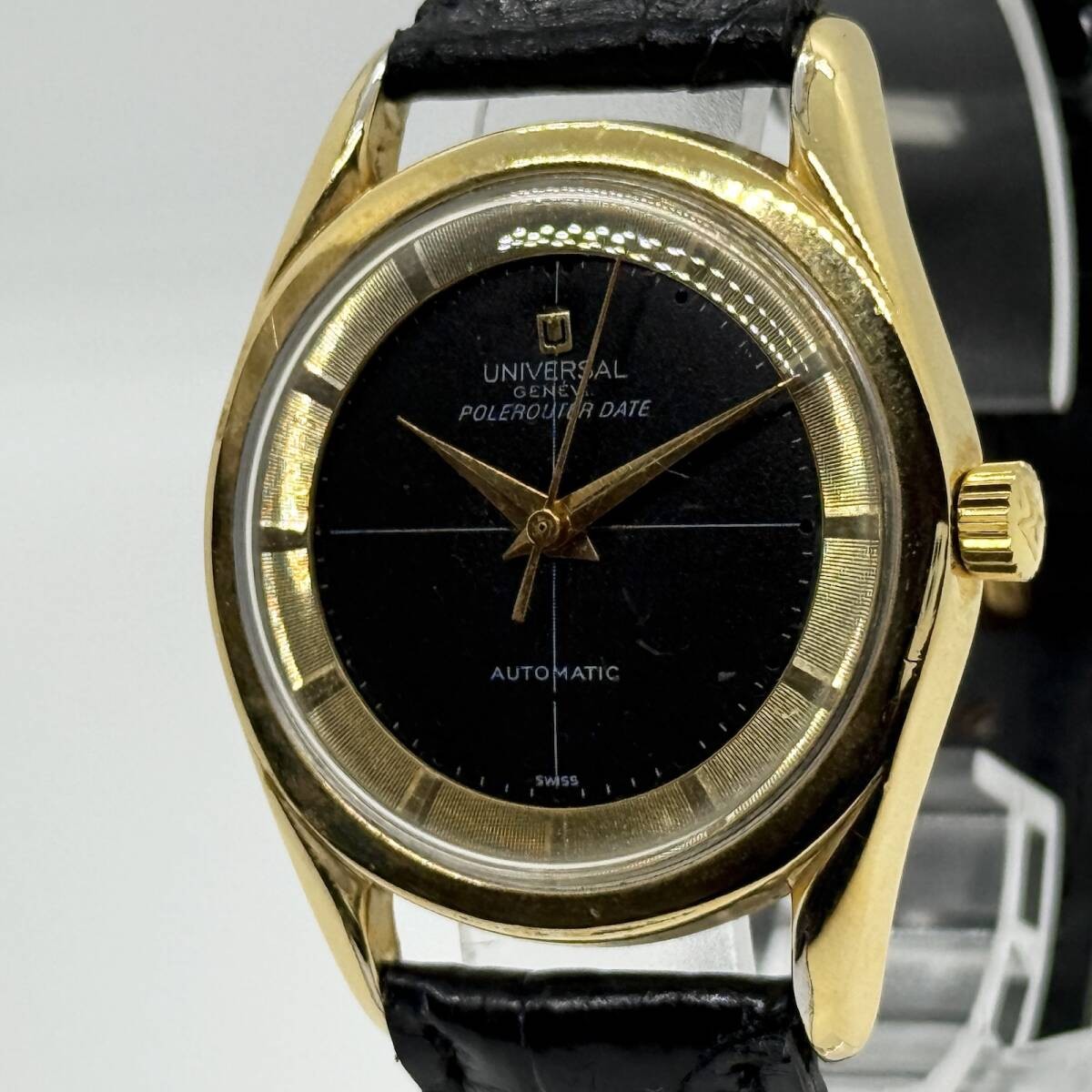 Universal Geneve Watch 35mm Polerouter Gold Black Automatic Leather Men’s Rare