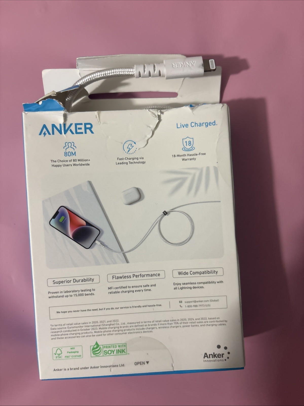 Anker 10′ Braided Lightnin to USB-A Charging 3x Faster,￼Cable – White