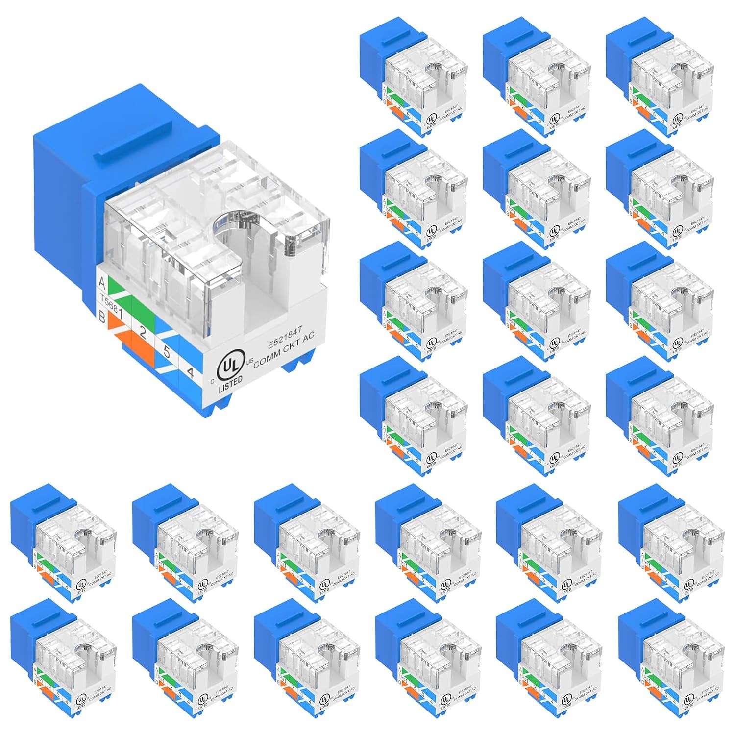 VCE 25-Pack Cat6 Keystone Jack RJ45 Ethernet Network Adapter 90 Degree Blue Slim
