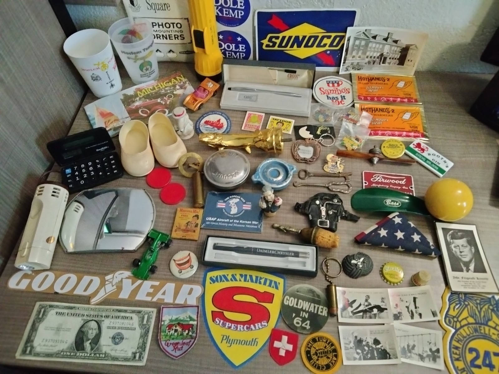 Vintage Junk Drawer Lot of Gadgets – Silver Certificate – Decals – Cross Pen ++