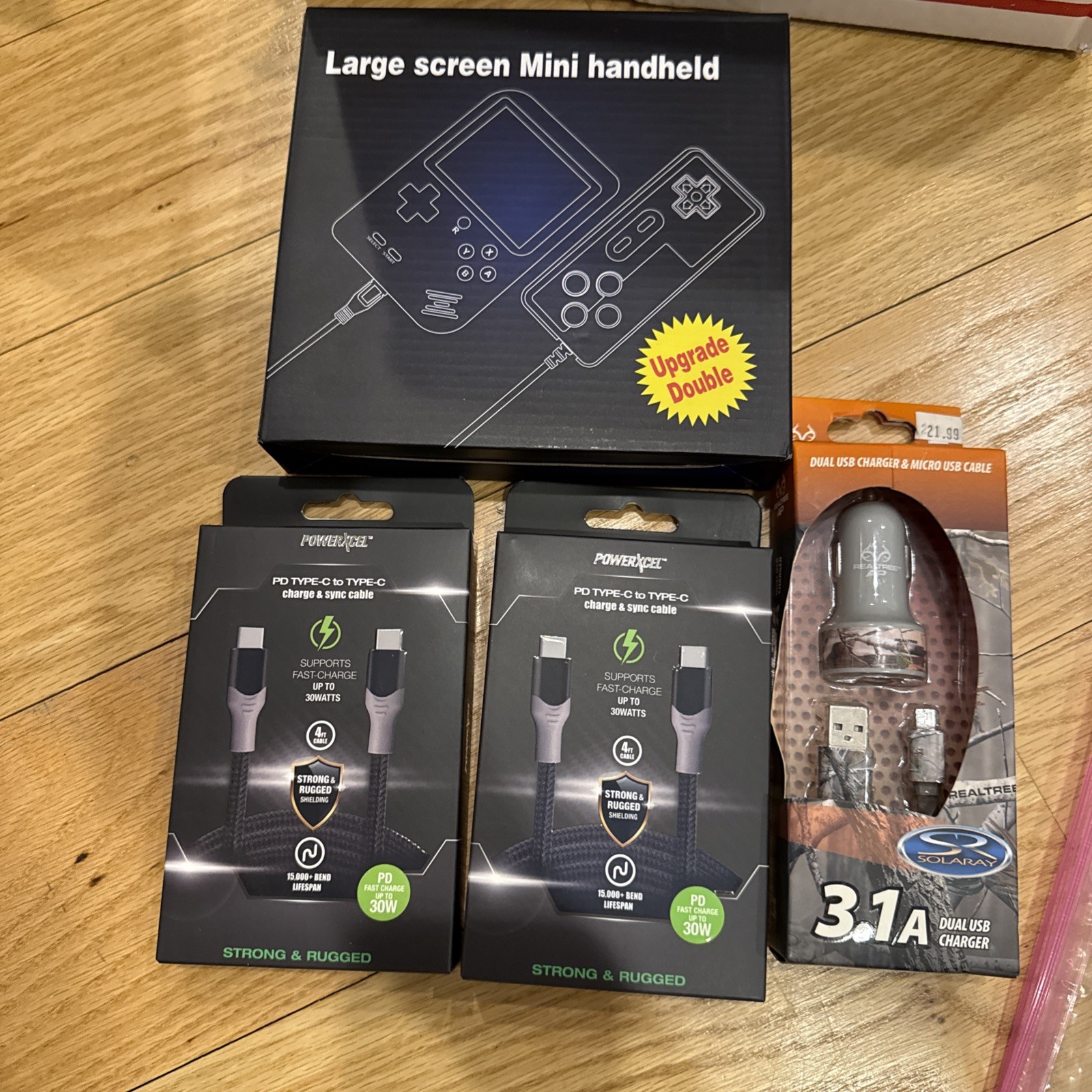 Mini handheld game console bundle with USB car charger and Type-C cable
