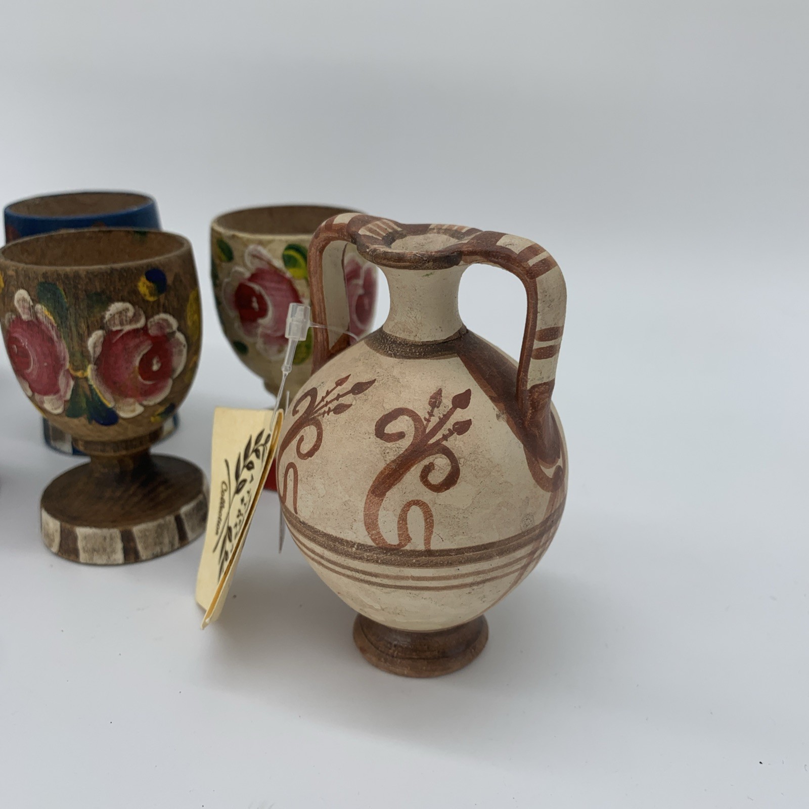 Miscellaneous Lot Collection 4 Wooden Egg Cups, Ceramic Vase, Mini Wood Vessel