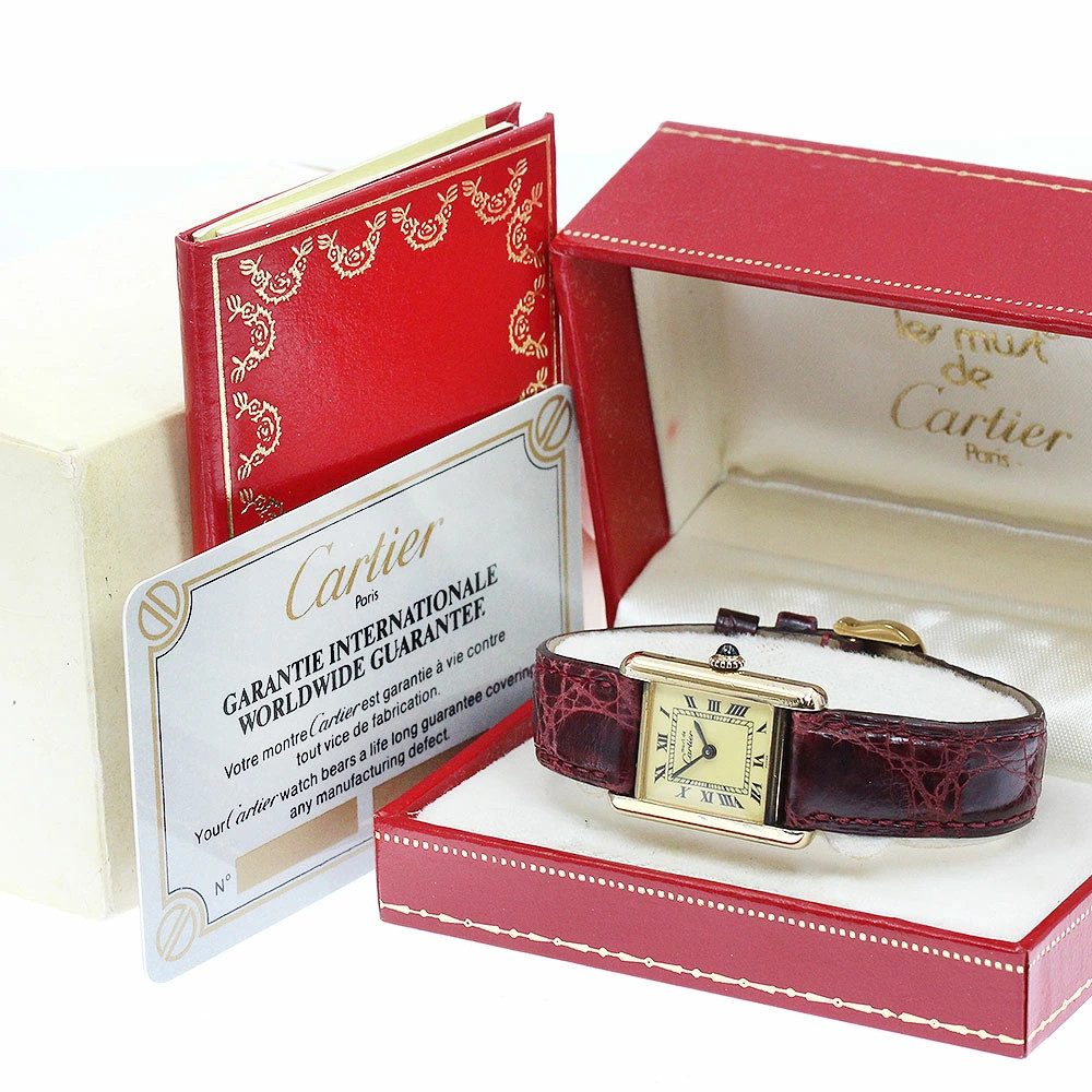 Cartier Must Tank Manual Winding Ladies Watch Box Warranty Card Booklet Auth