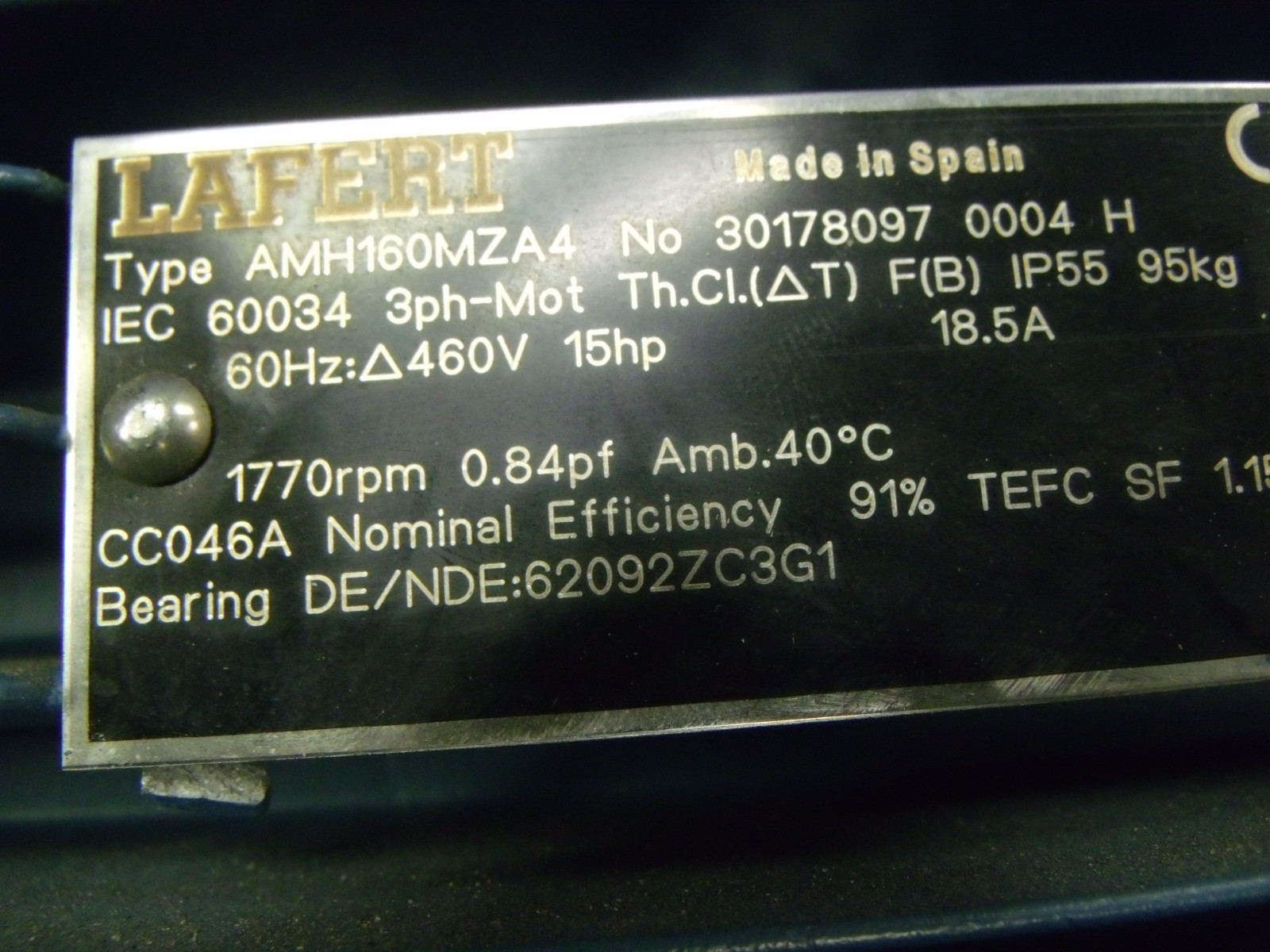 Lafert AMH160MZA4 electric motor 15 hp 460v 3Ph 1770 rpm CNC Machining center