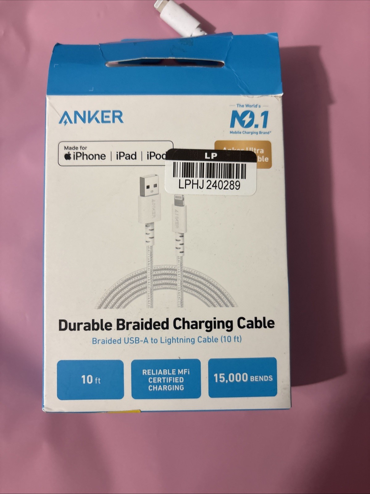 Anker 10′ Braided Lightnin to USB-A Charging 3x Faster,￼Cable – White