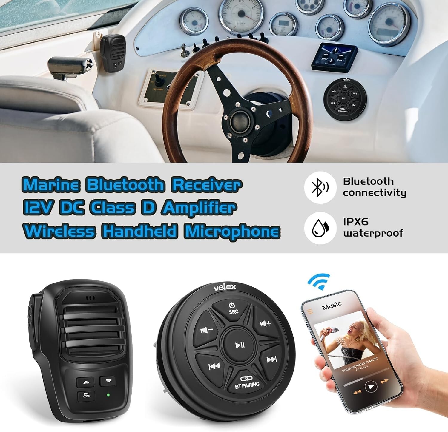 Velex Waterproof Bluetooth Marine Audio Receiver Wireless 2 Channel