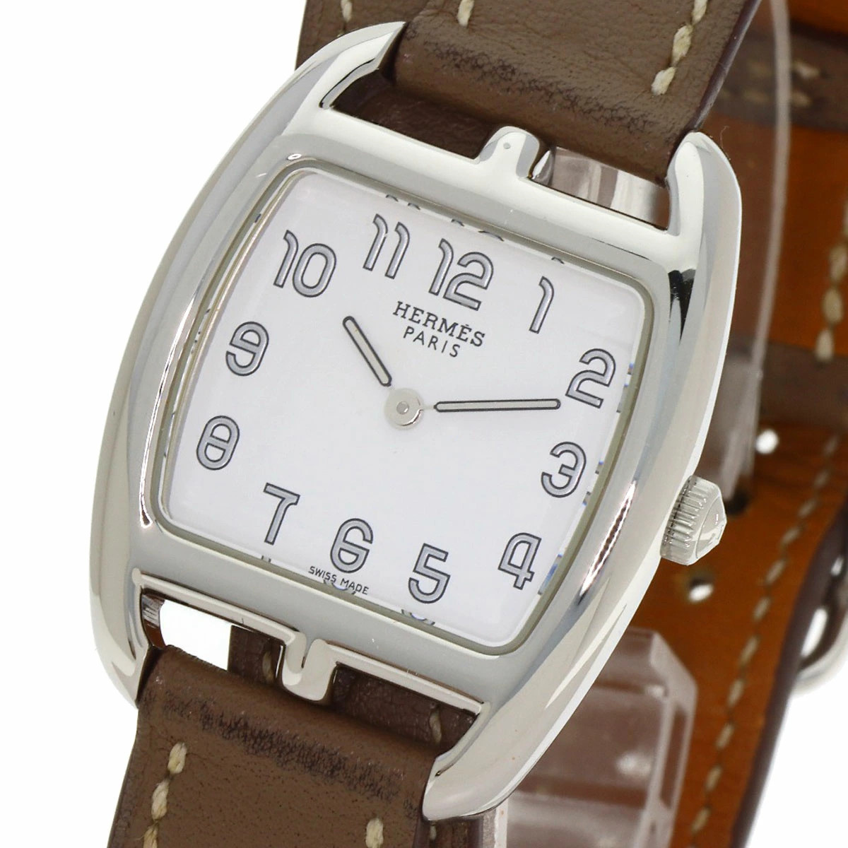 HERMES Cape Cod Watch Double Tour SS Leather Etoupe Quartz Square Woman w/Papers