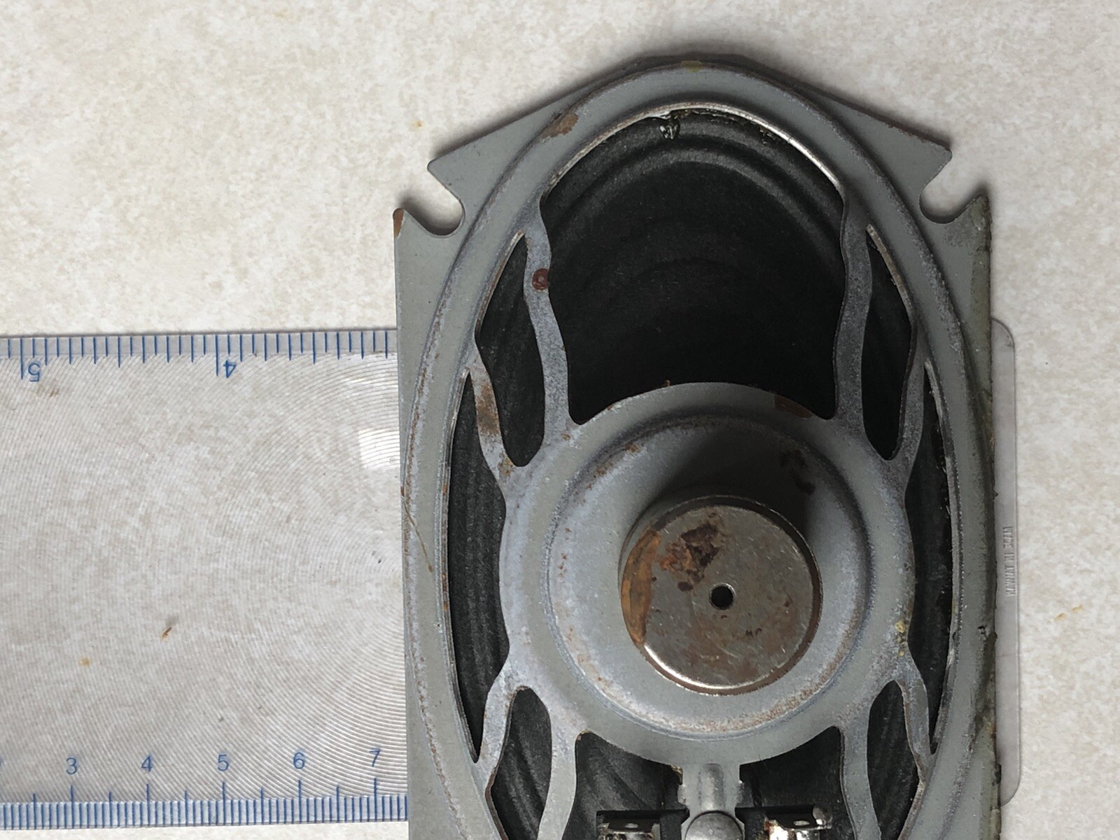 Speaker 8 ohm Approx 3-1/2 X 2-1/2 mounting hole centers. Overall About 5 X 3.