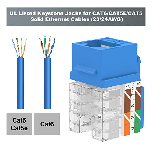 VCE 25-Pack Cat6 Keystone Jack RJ45 Ethernet Network Adapter 90 Degree Blue Slim