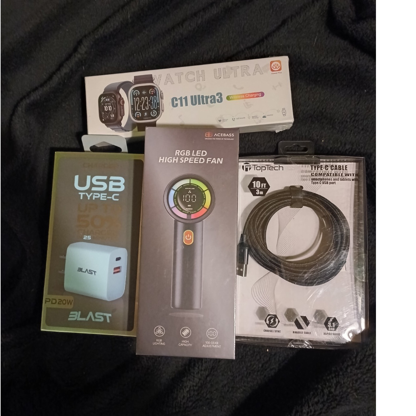 Acebass, Blast, TopTech, Hwear Plus Electronics Lot: Watch, RGB Fan, Charger, C…