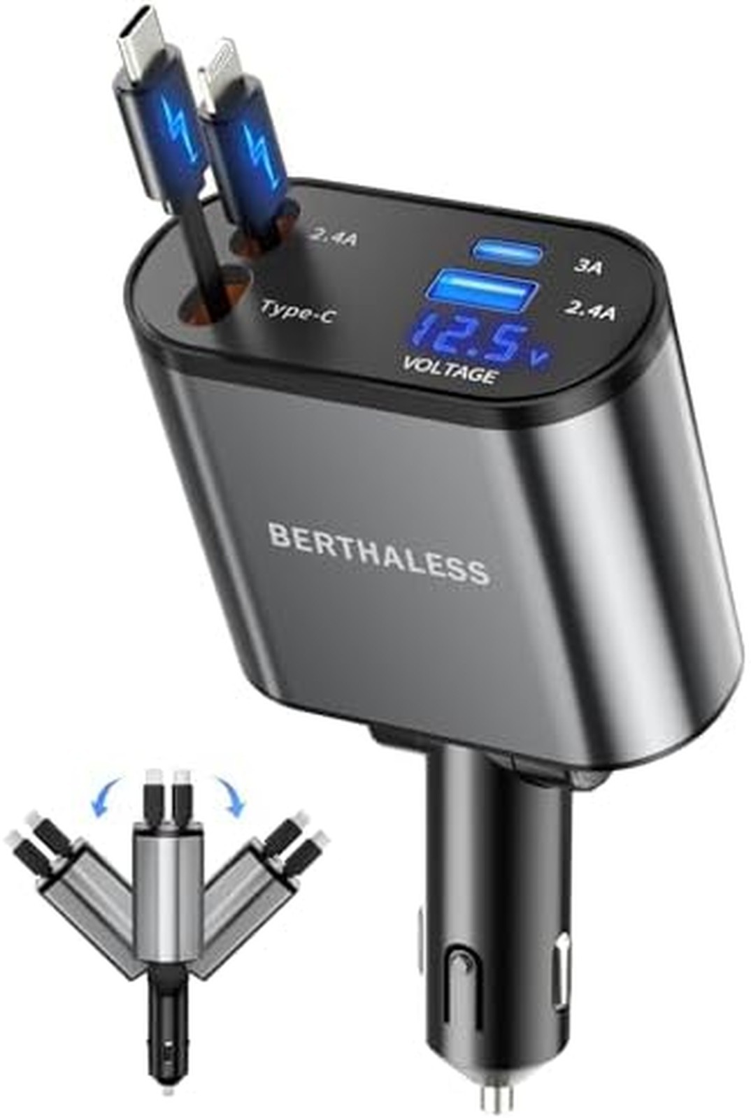 BERTHALESS Retractable 4-in-1 Fast Car Charger USB-C USB-A for iPhone Galaxy