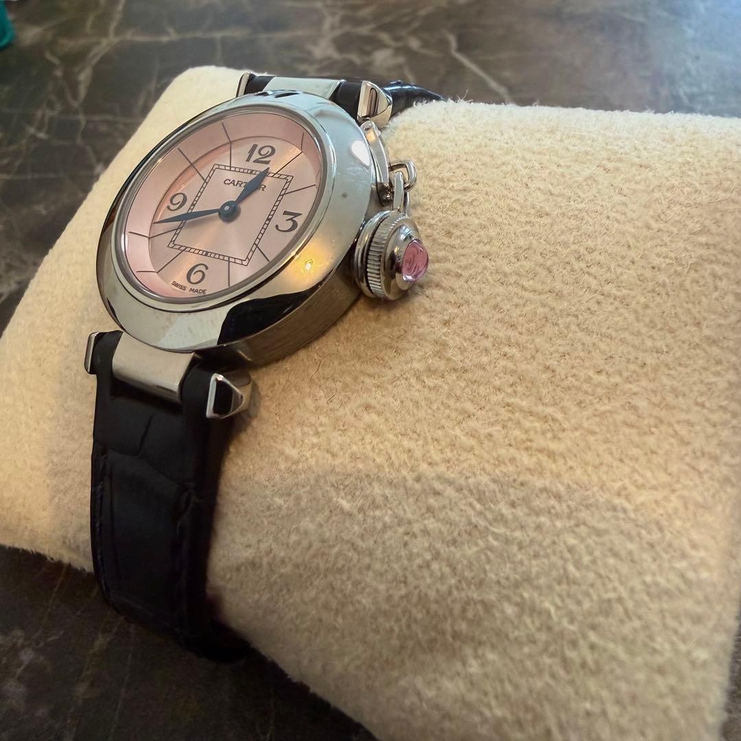 CARTIER Watch Miss Pasha Navy Leather Strap STEEL PINK DIAL w/ Dedicated Pouch
