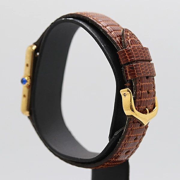 Cartier Must Tank SM SV925 Quartz Yellow Dial Ladies Watch Square Brown Band